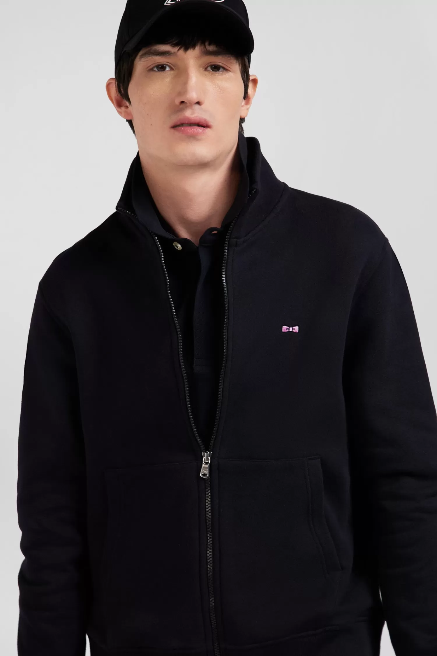 Eden Park Regular black zipped brushed cotton fleece sweatshirt with high top collar< Sweatshirts