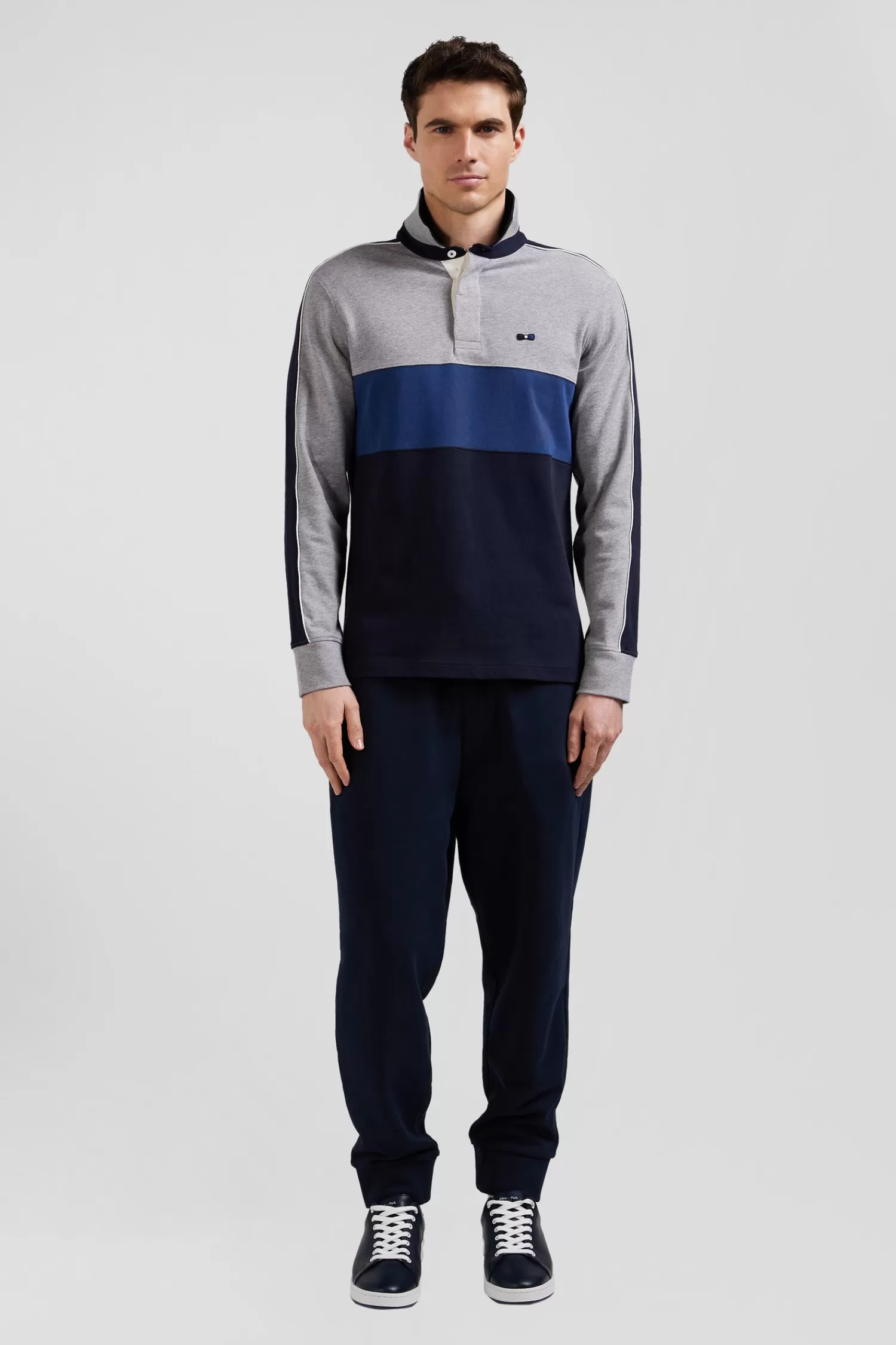 Eden Park Regular blue and grey colorblock long-sleeved cotton rugby shirt< Rugby Shirts