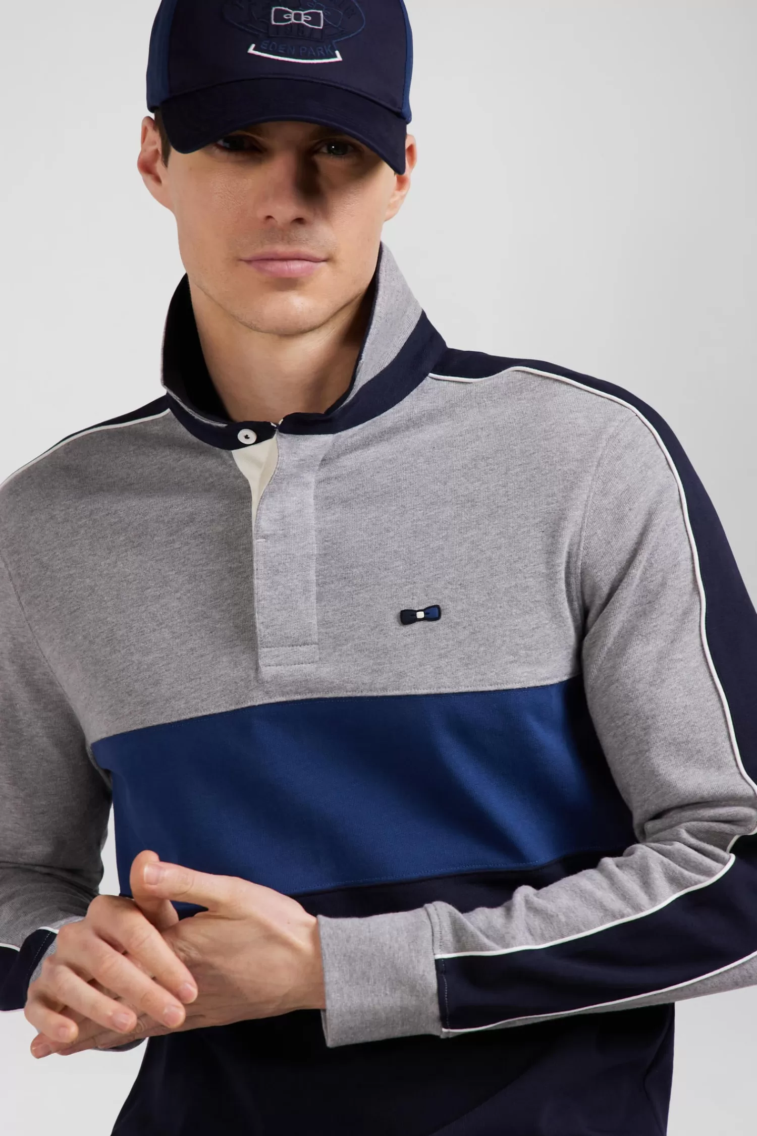 Eden Park Regular blue and grey colorblock long-sleeved cotton rugby shirt< Rugby Shirts