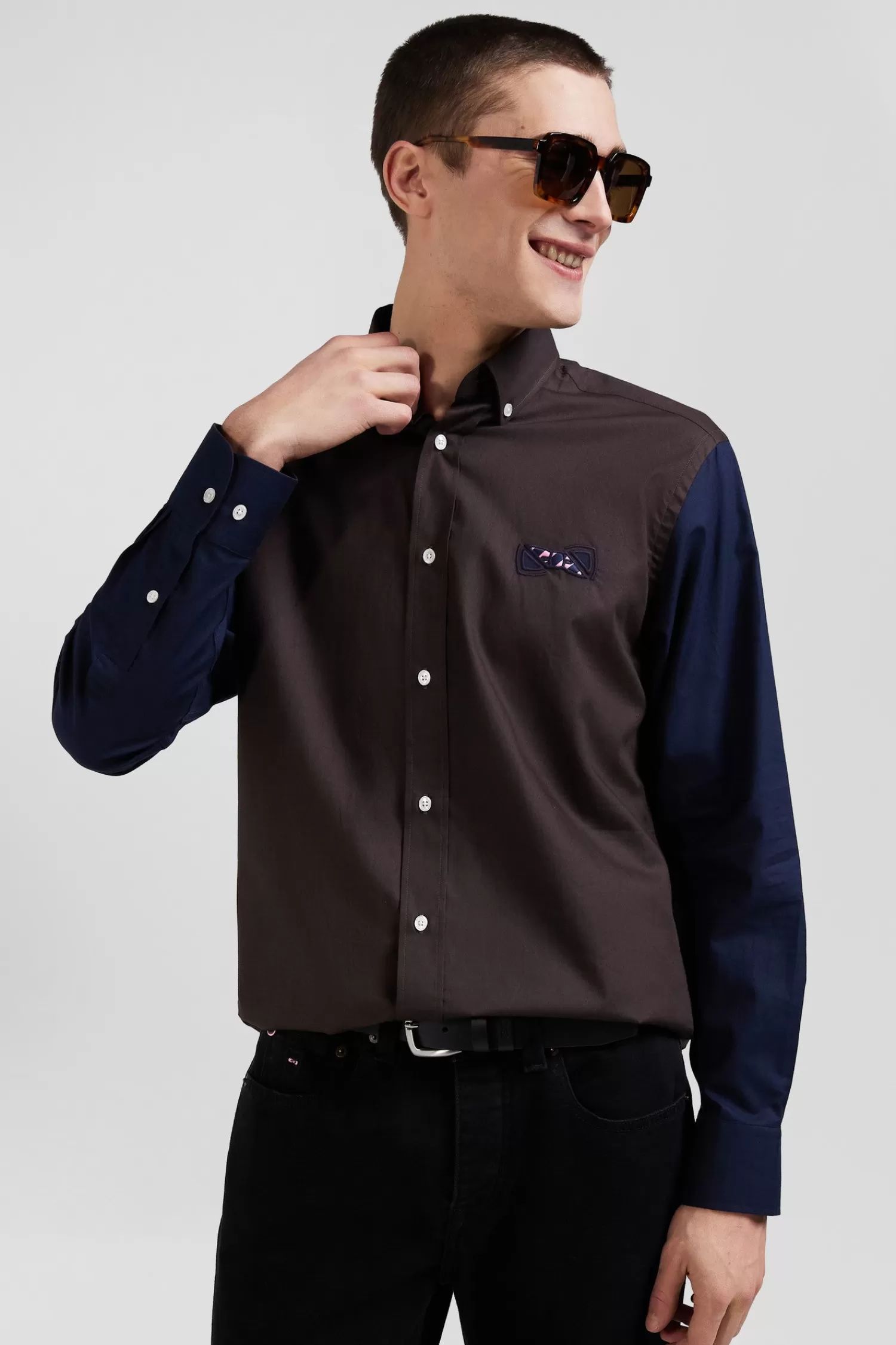 Eden Park Regular brown and navy oxford cotton shirt N°10 embroidery< Shirts