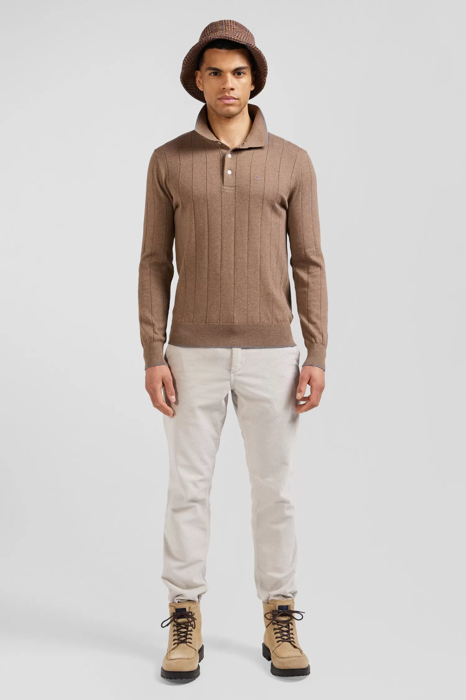 Eden Park Regular brown cotton and cashmere jumper with rugby shirt collar< Sweaters