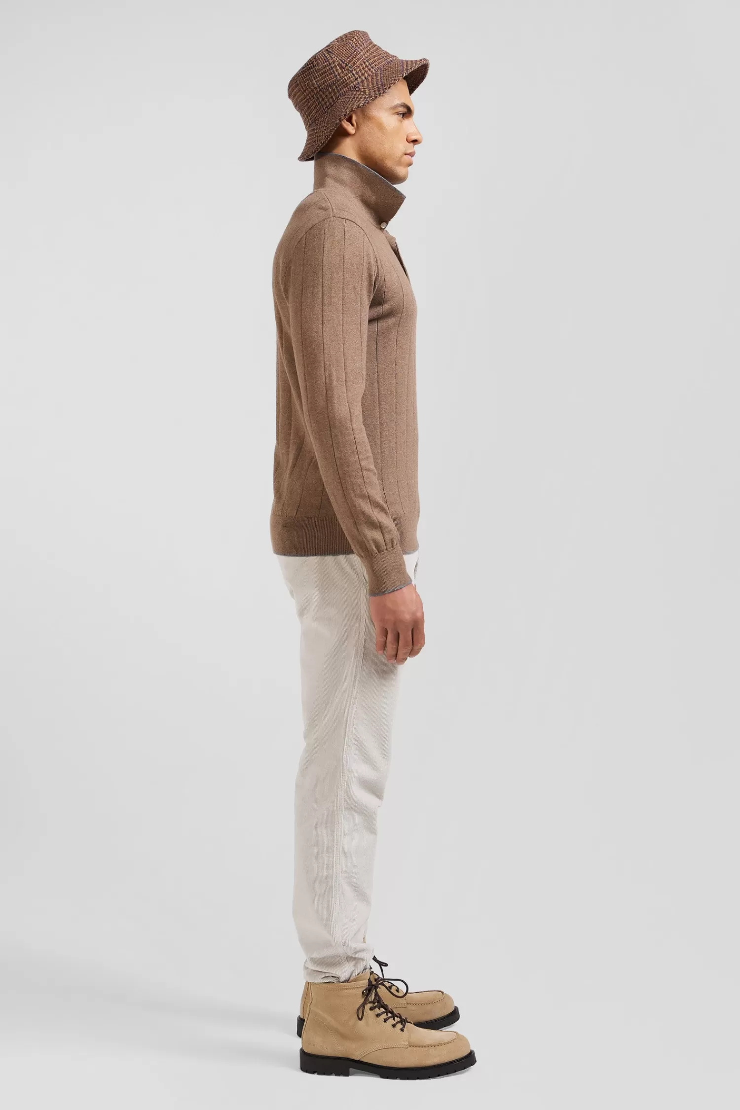 Eden Park Regular brown cotton and cashmere jumper with rugby shirt collar< Sweaters
