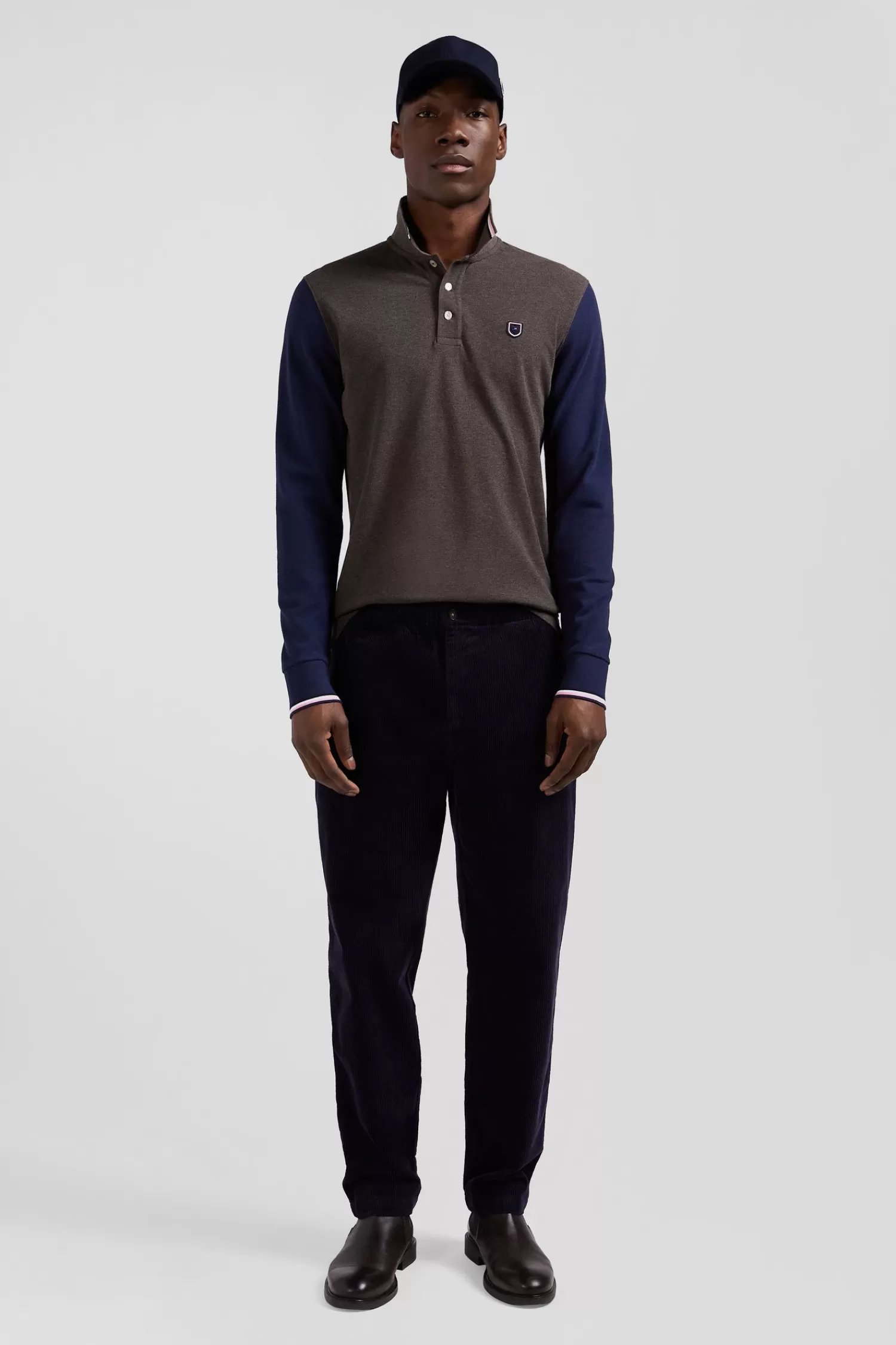 Eden Park Regular brown long-sleeved cotton piqué polo shirt with jacquard collar and rubber badge< Polos