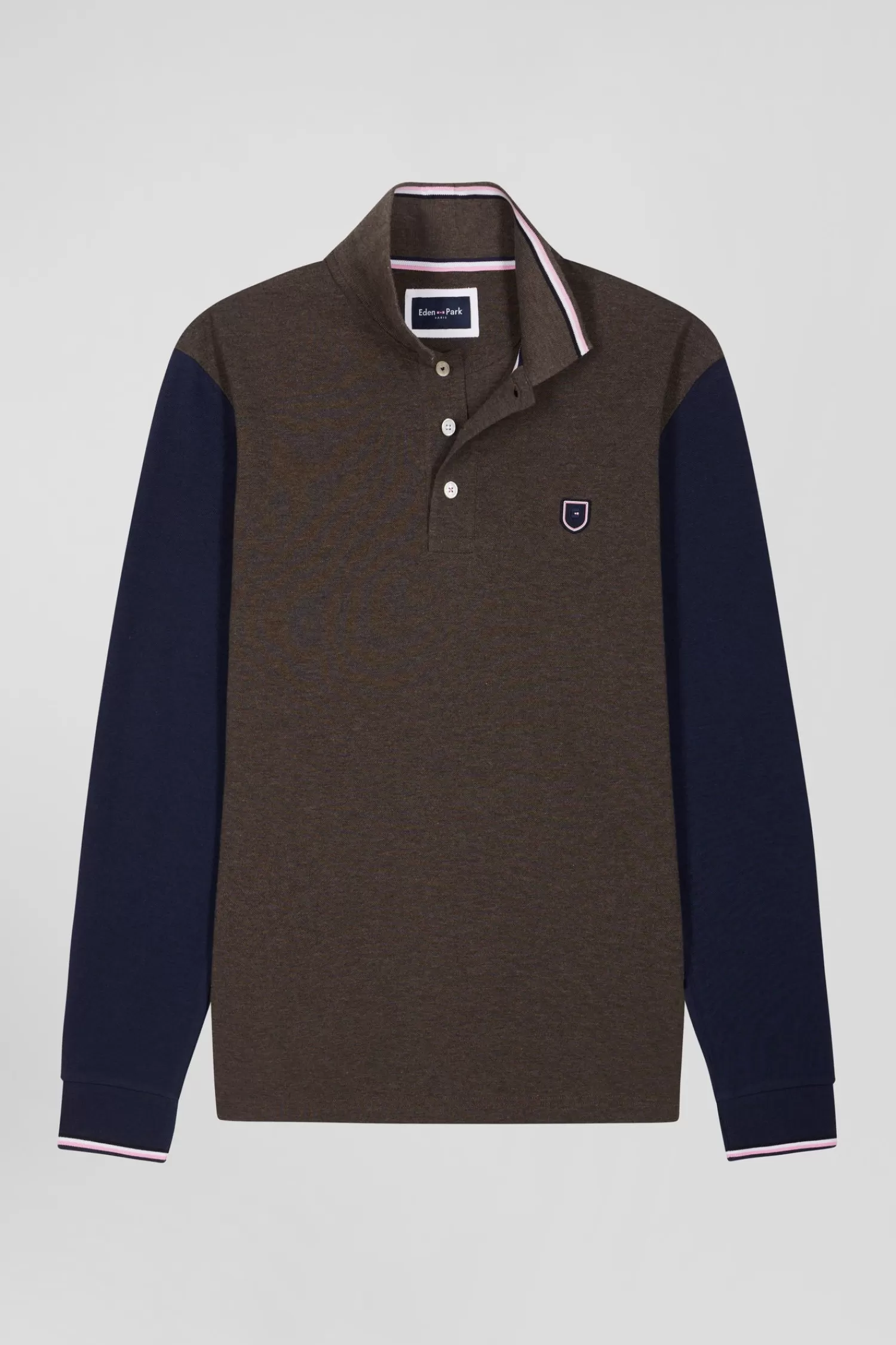 Eden Park Regular brown long-sleeved cotton piqué polo shirt with jacquard collar and rubber badge< Polos