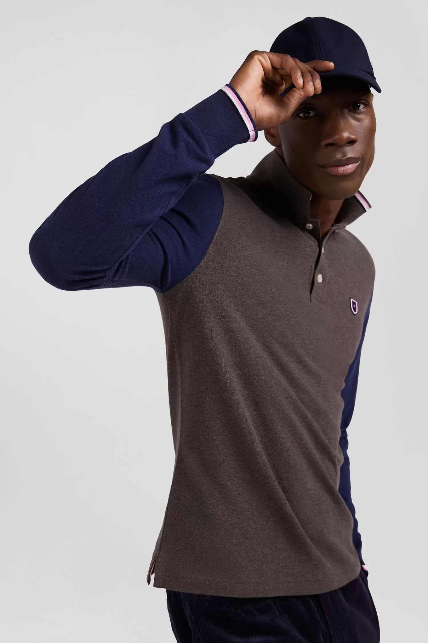 Eden Park Regular brown long-sleeved cotton piqué polo shirt with jacquard collar and rubber badge< Polos