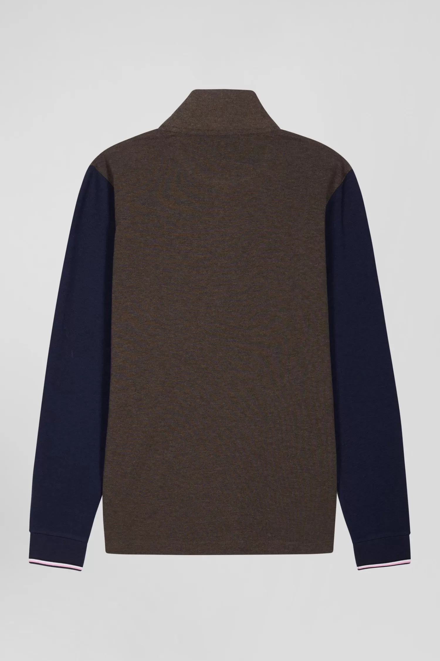 Eden Park Regular brown long-sleeved cotton piqué polo shirt with jacquard collar and rubber badge< Polos