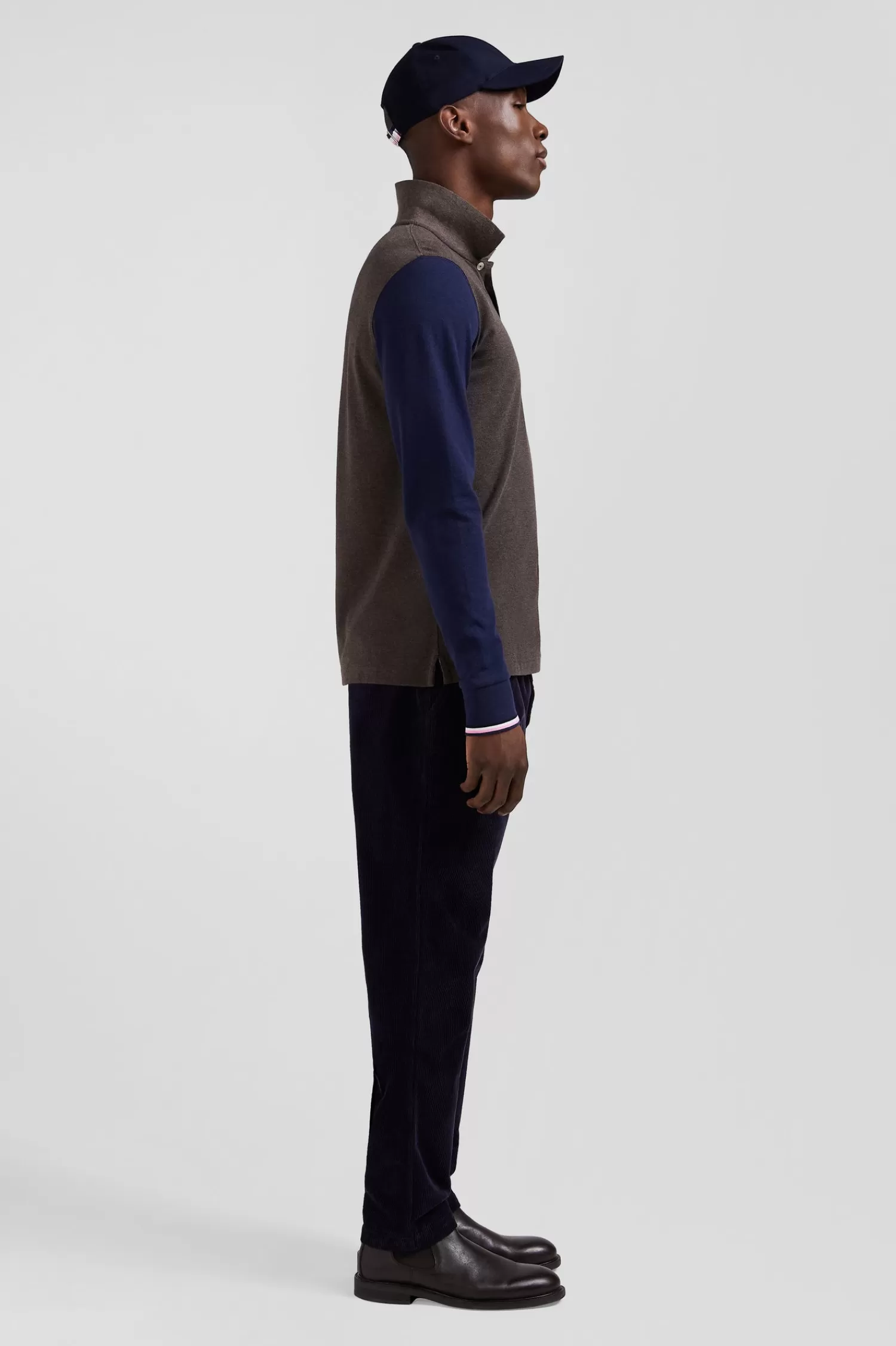 Eden Park Regular brown long-sleeved cotton piqué polo shirt with jacquard collar and rubber badge< Polos