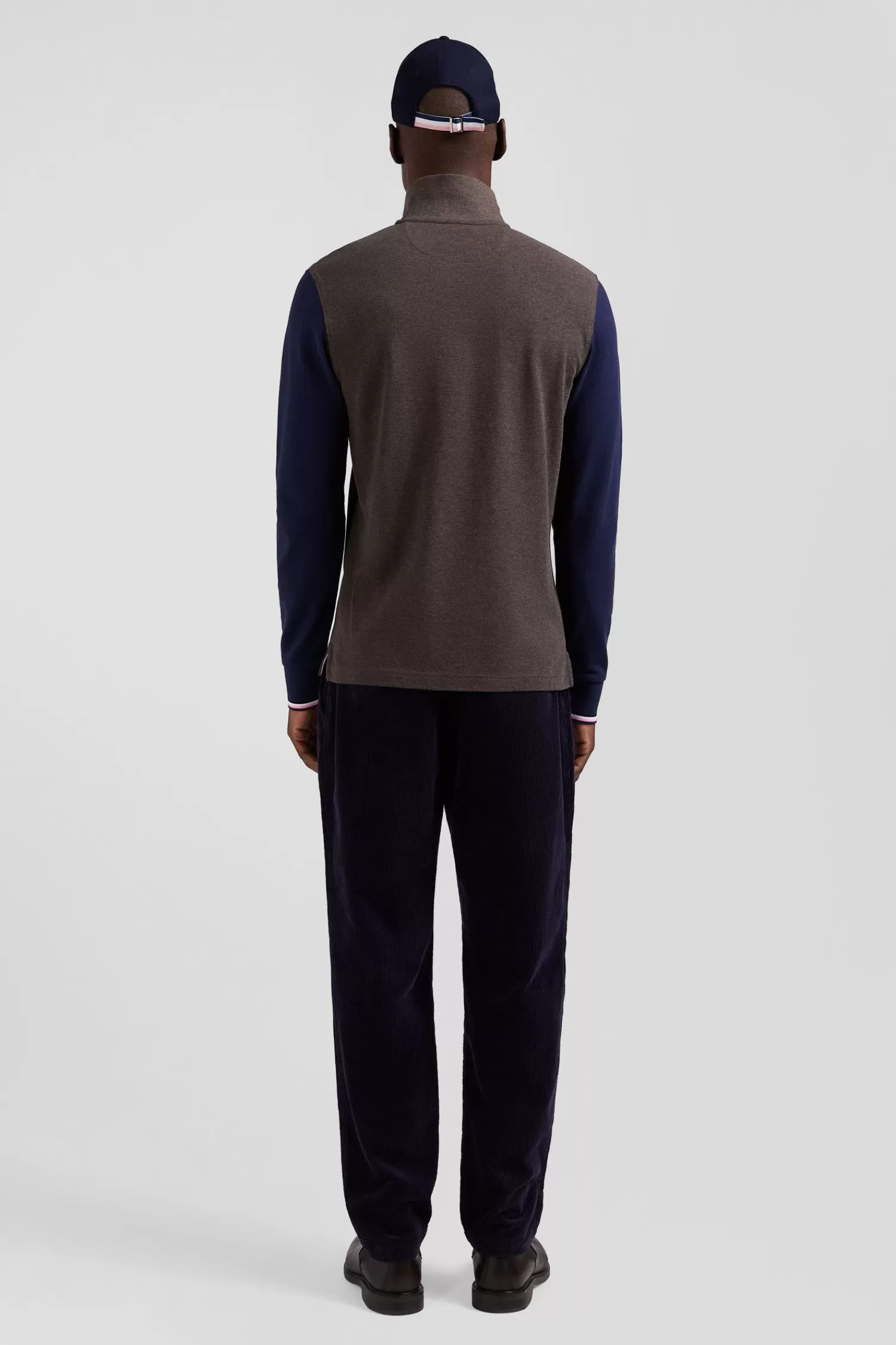 Eden Park Regular brown long-sleeved cotton piqué polo shirt with jacquard collar and rubber badge< Polos