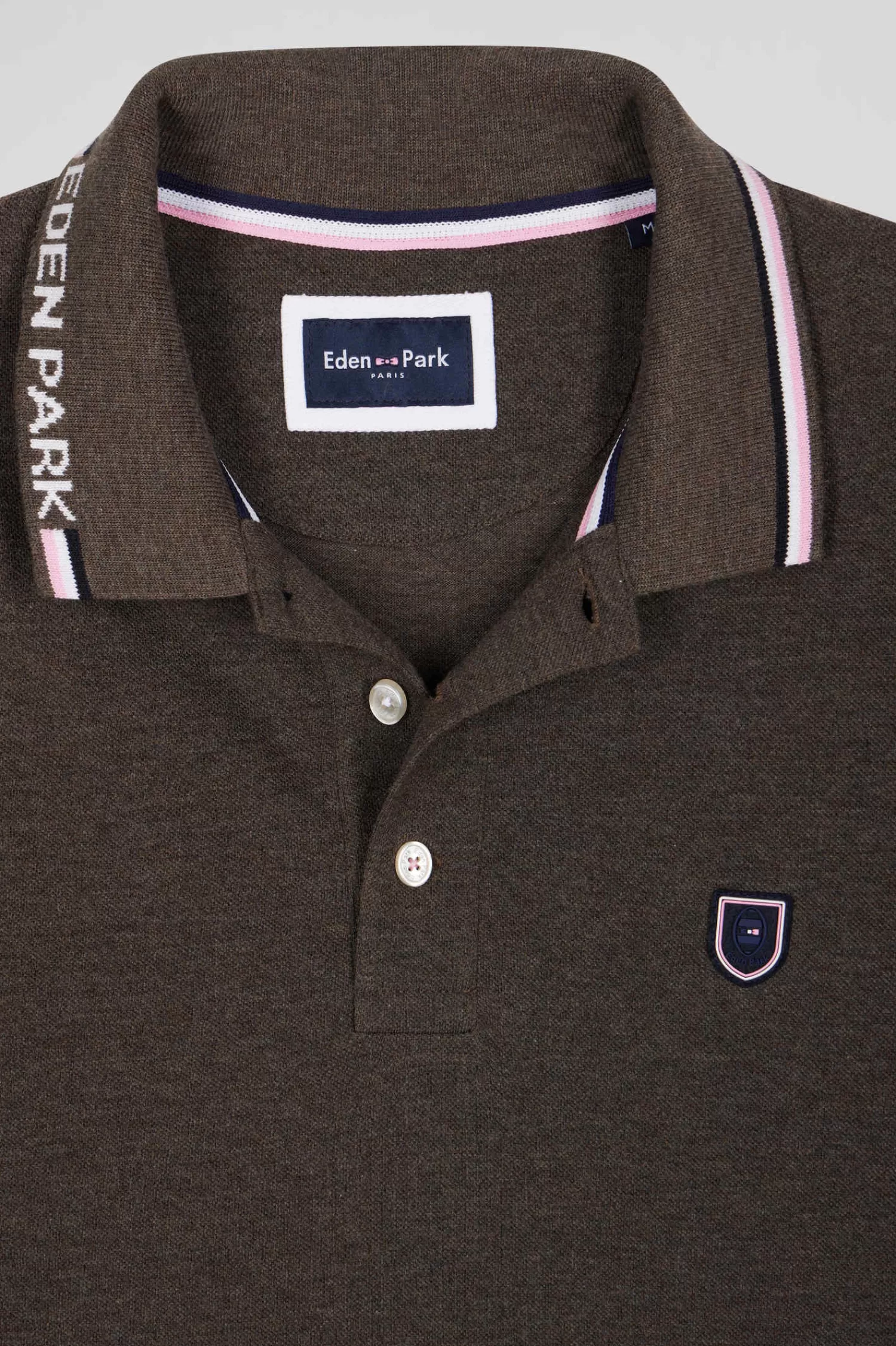 Eden Park Regular brown long-sleeved cotton piqué polo shirt with jacquard collar and rubber badge< Polos