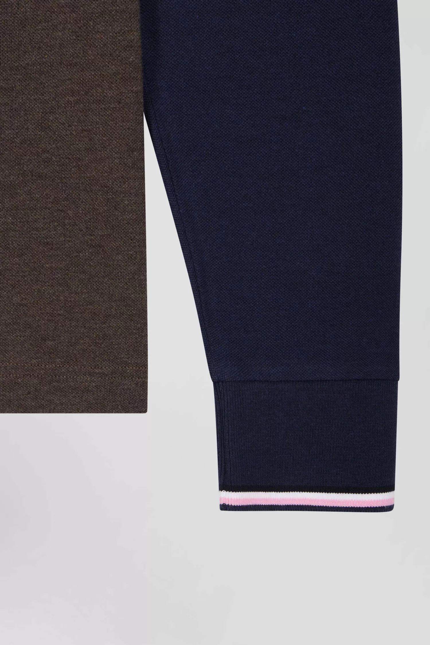 Eden Park Regular brown long-sleeved cotton piqué polo shirt with jacquard collar and rubber badge< Polos