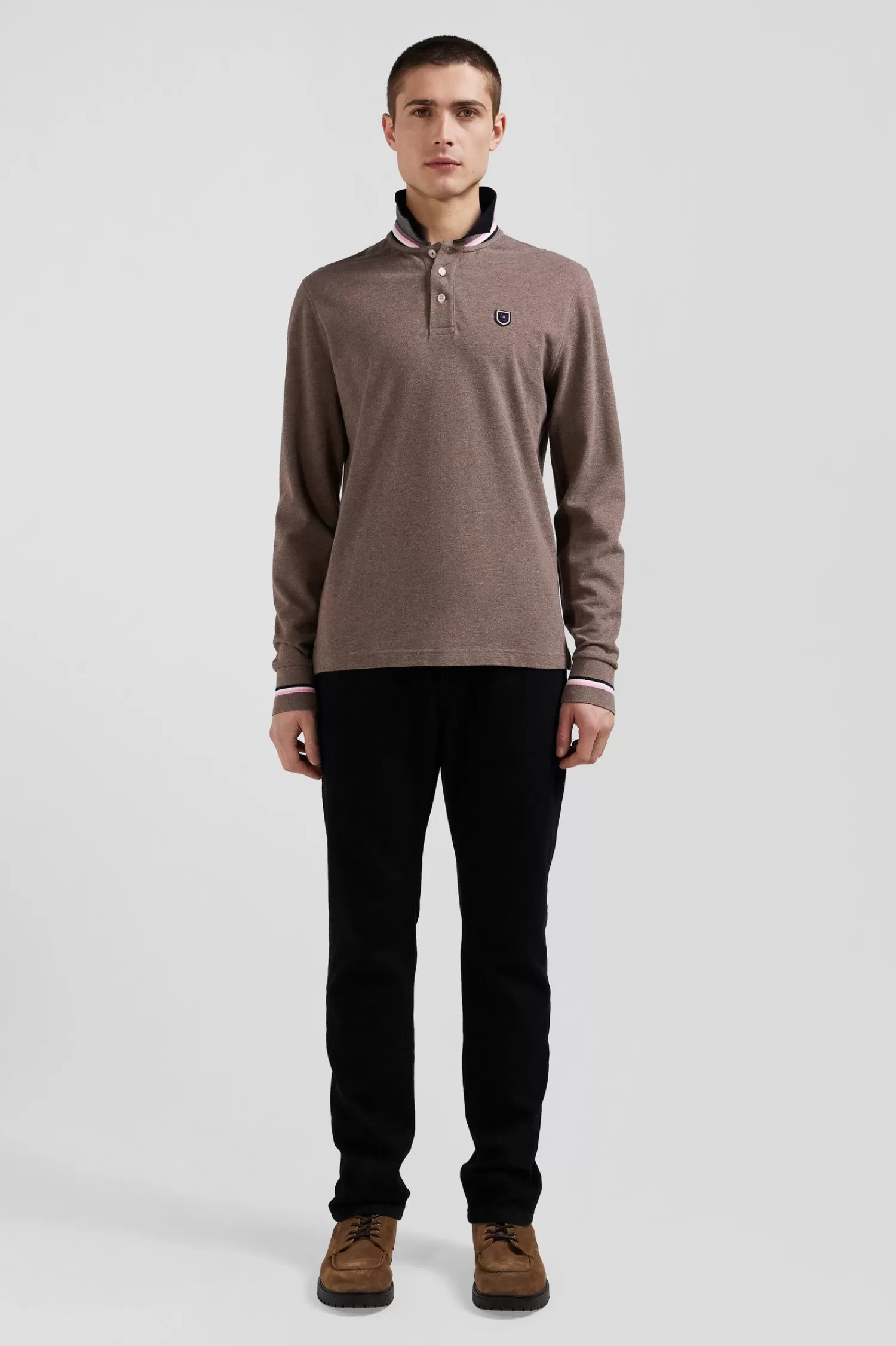 Eden Park Regular brown long-sleeved cotton piqué polo shirt with rubber badge< Polos