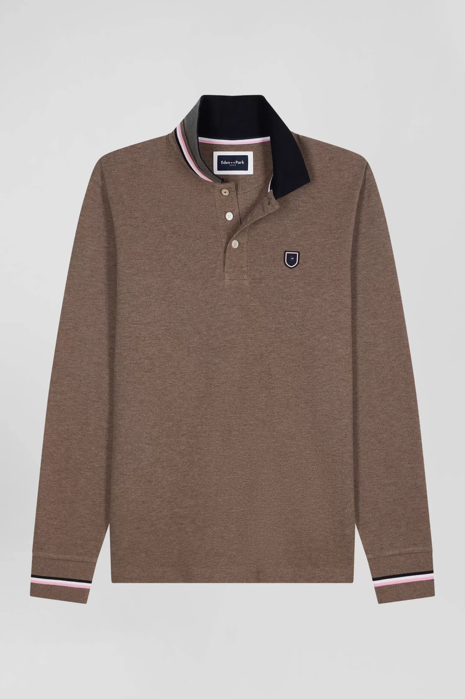 Eden Park Regular brown long-sleeved cotton piqué polo shirt with rubber badge< Polos