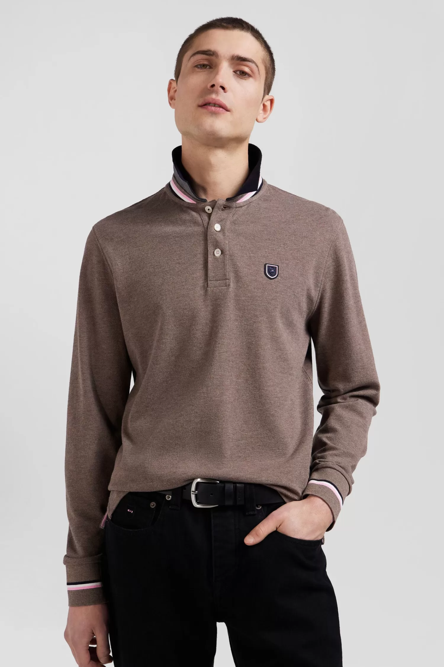 Eden Park Regular brown long-sleeved cotton piqué polo shirt with rubber badge< Polos