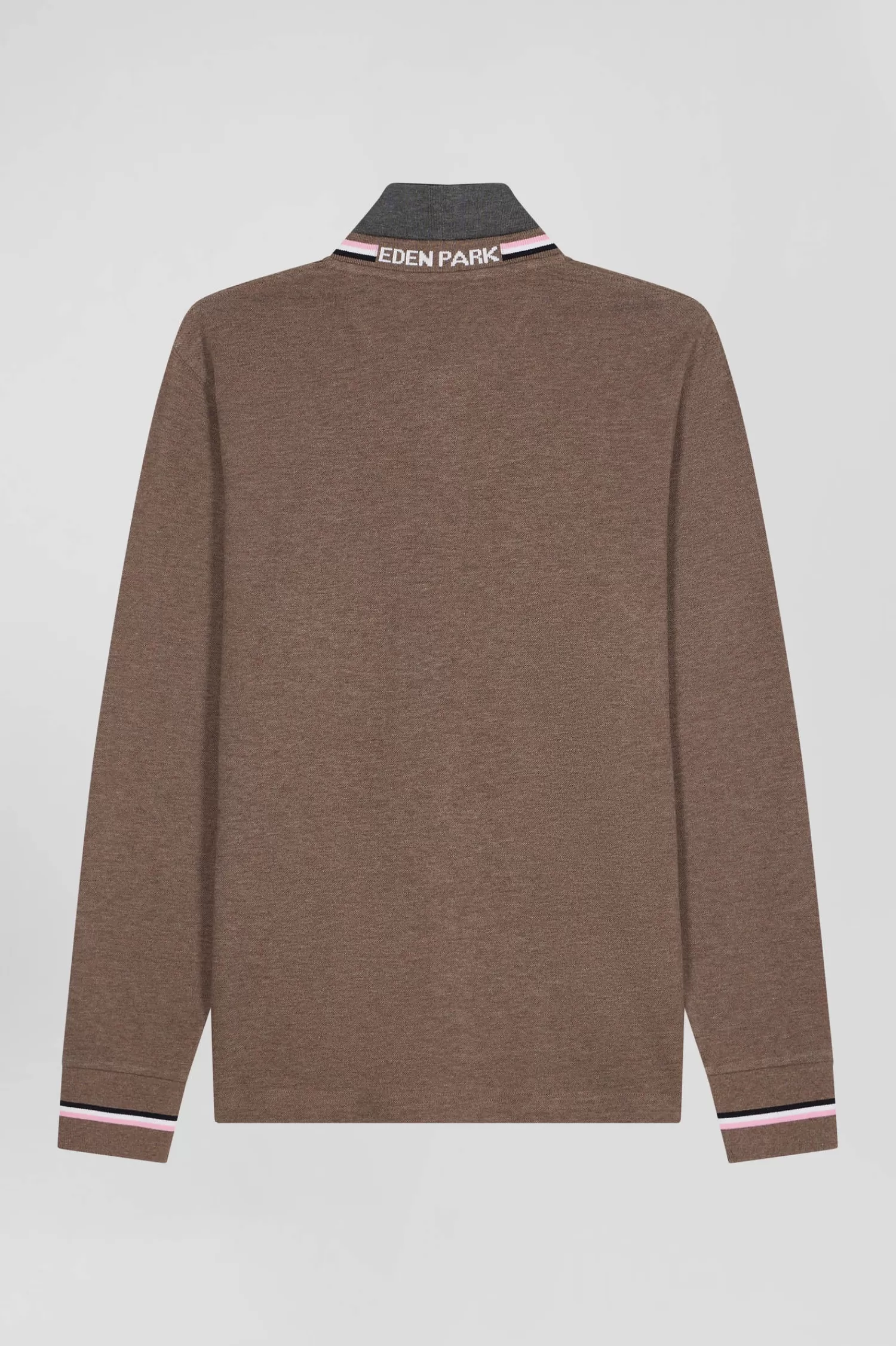 Eden Park Regular brown long-sleeved cotton piqué polo shirt with rubber badge< Polos