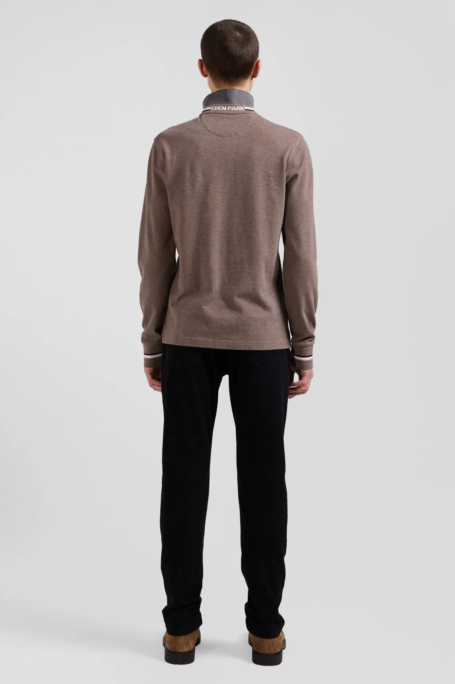 Eden Park Regular brown long-sleeved cotton piqué polo shirt with rubber badge< Polos