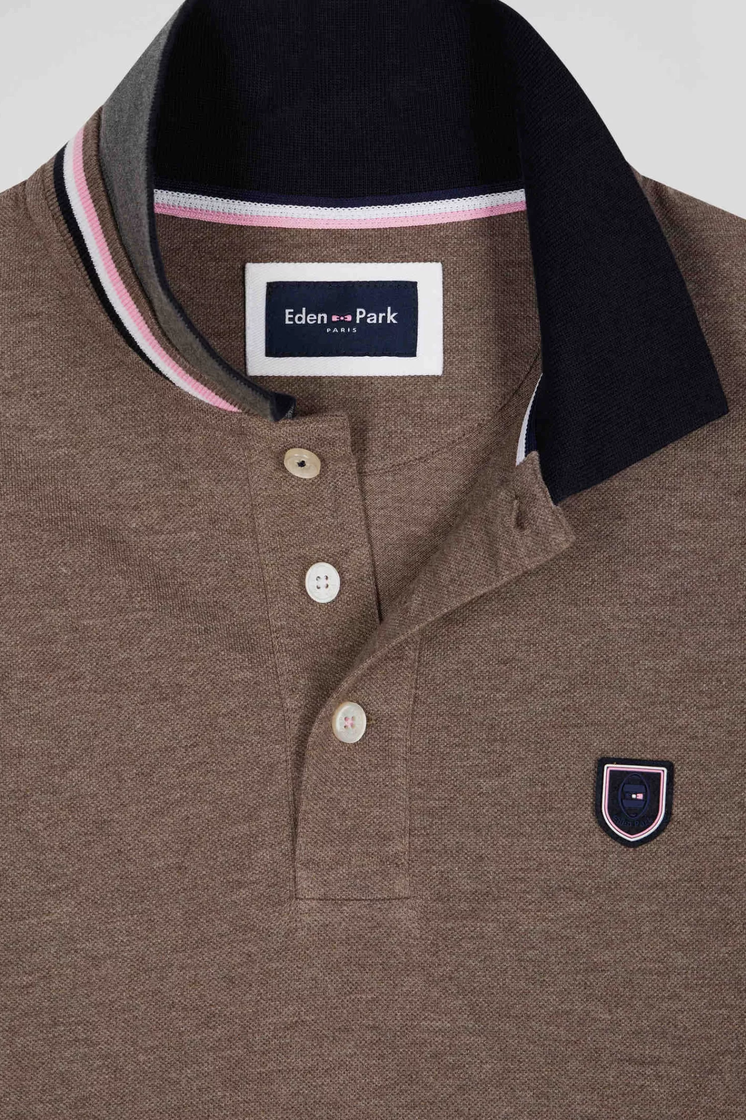 Eden Park Regular brown long-sleeved cotton piqué polo shirt with rubber badge< Polos