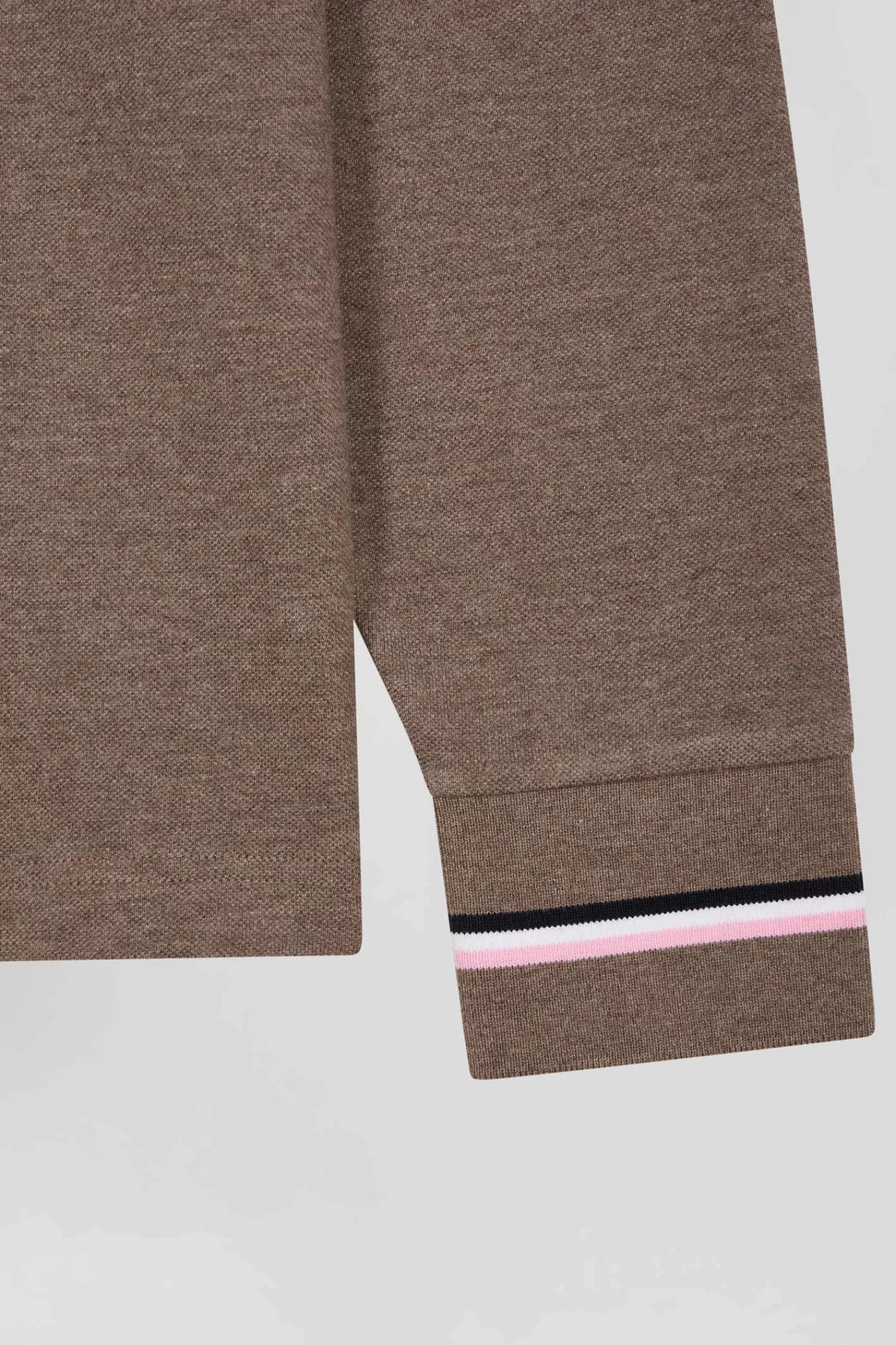 Eden Park Regular brown long-sleeved cotton piqué polo shirt with rubber badge< Polos