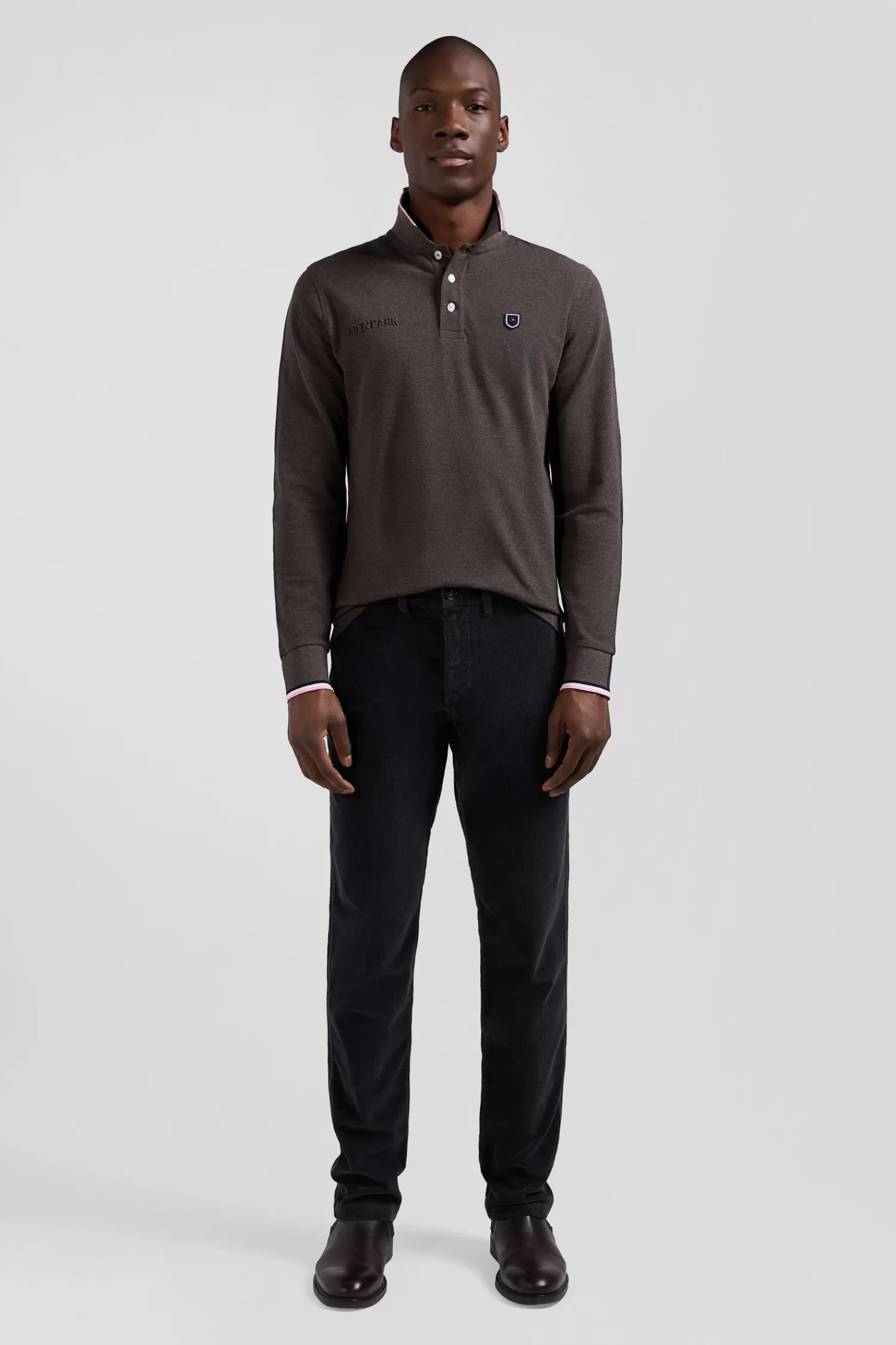 Eden Park Regular brown long-sleeved cotton piqué polo shirt with tricolor details< Polos