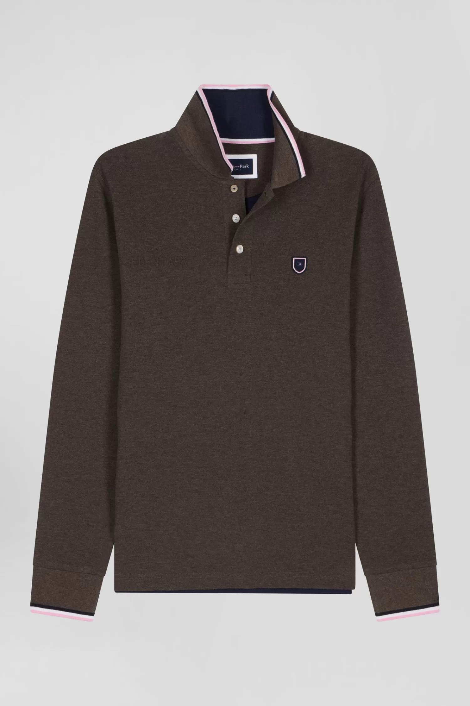 Eden Park Regular brown long-sleeved cotton piqué polo shirt with tricolor details< Polos