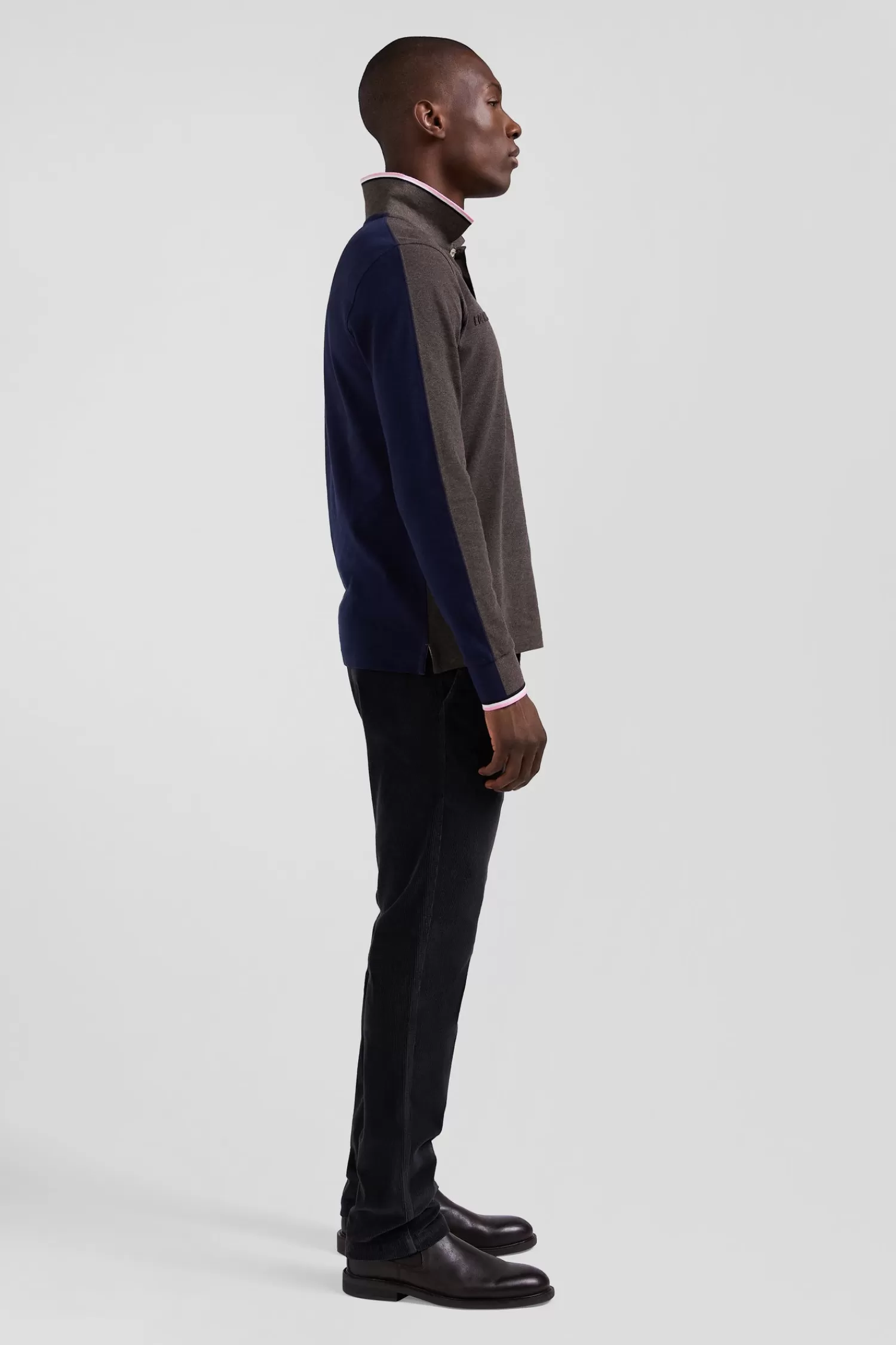 Eden Park Regular brown long-sleeved cotton piqué polo shirt with tricolor details< Polos