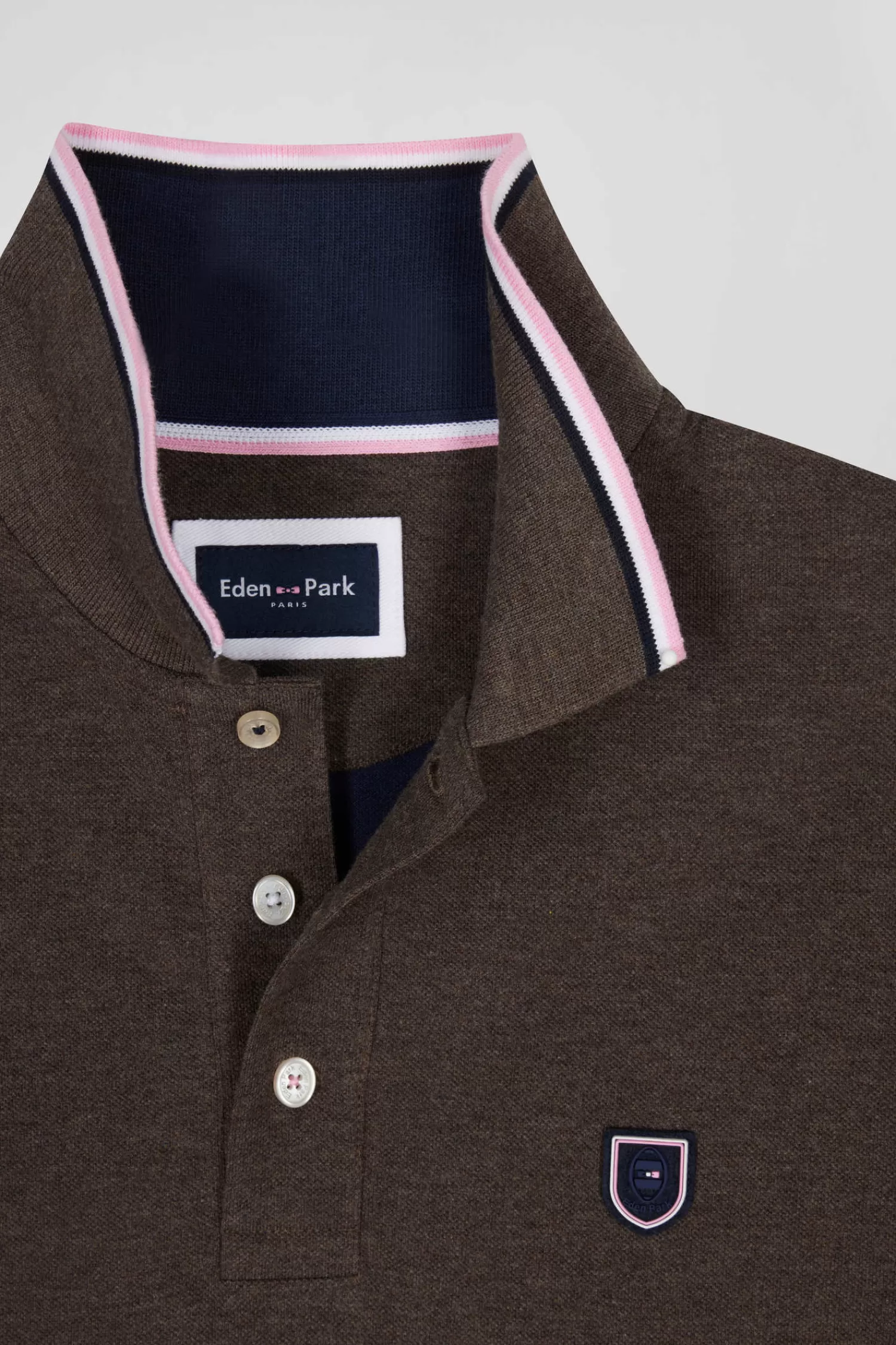Eden Park Regular brown long-sleeved cotton piqué polo shirt with tricolor details< Polos