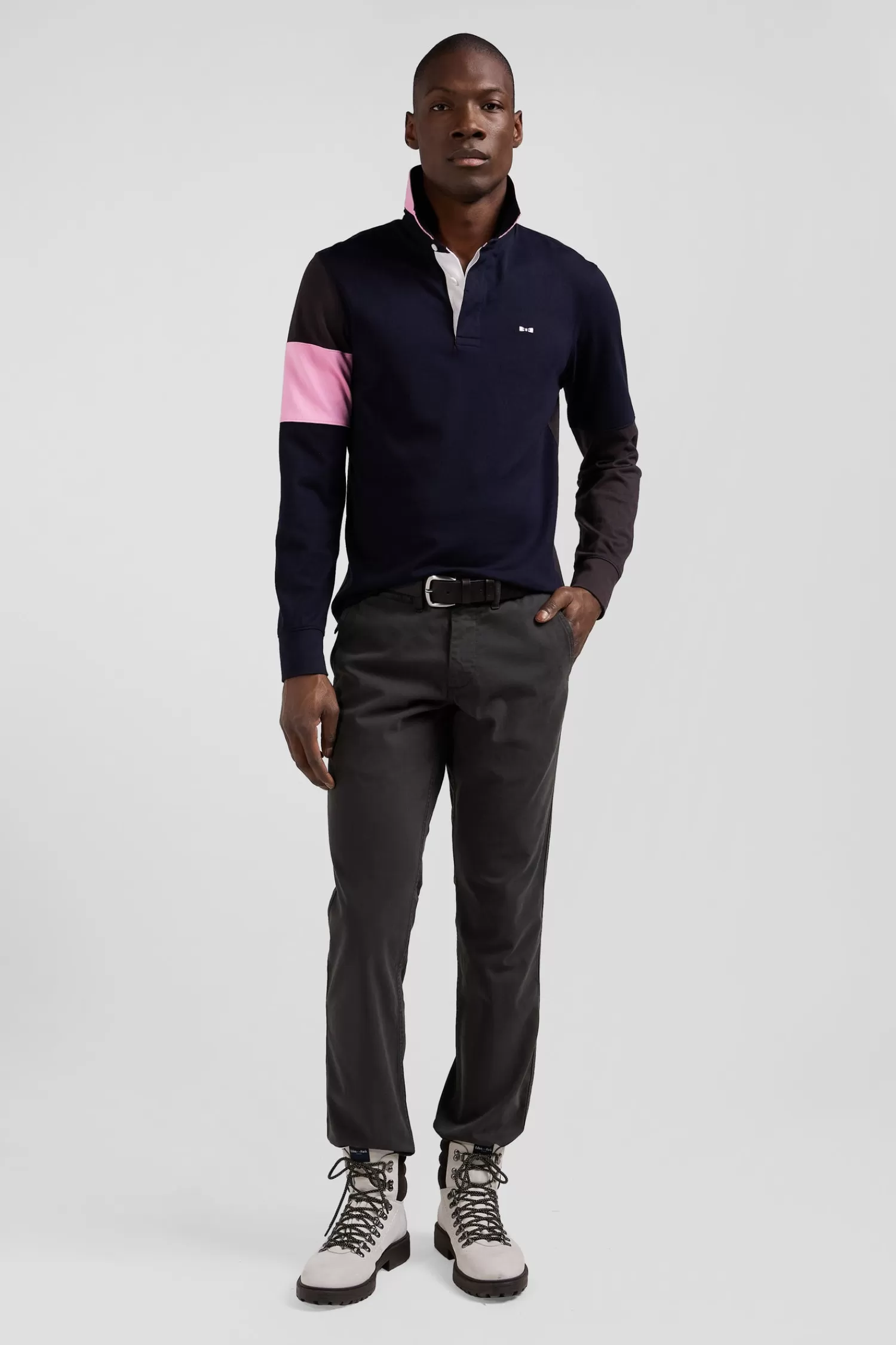 Eden Park Regular brown long-sleeved cotton rugby shirt with tie fabric patchwork< Rugby Shirts