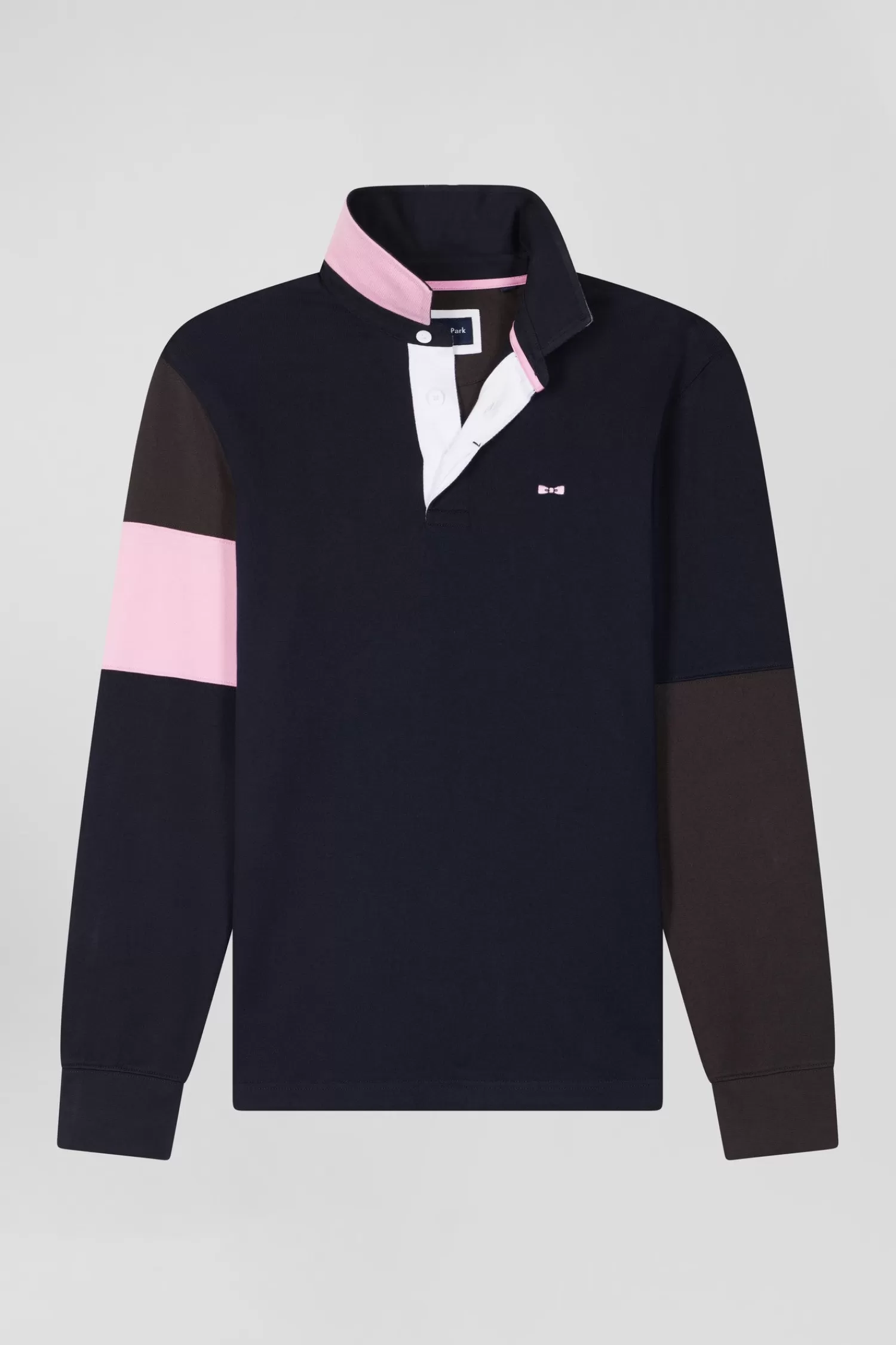 Eden Park Regular brown long-sleeved cotton rugby shirt with tie fabric patchwork< Rugby Shirts