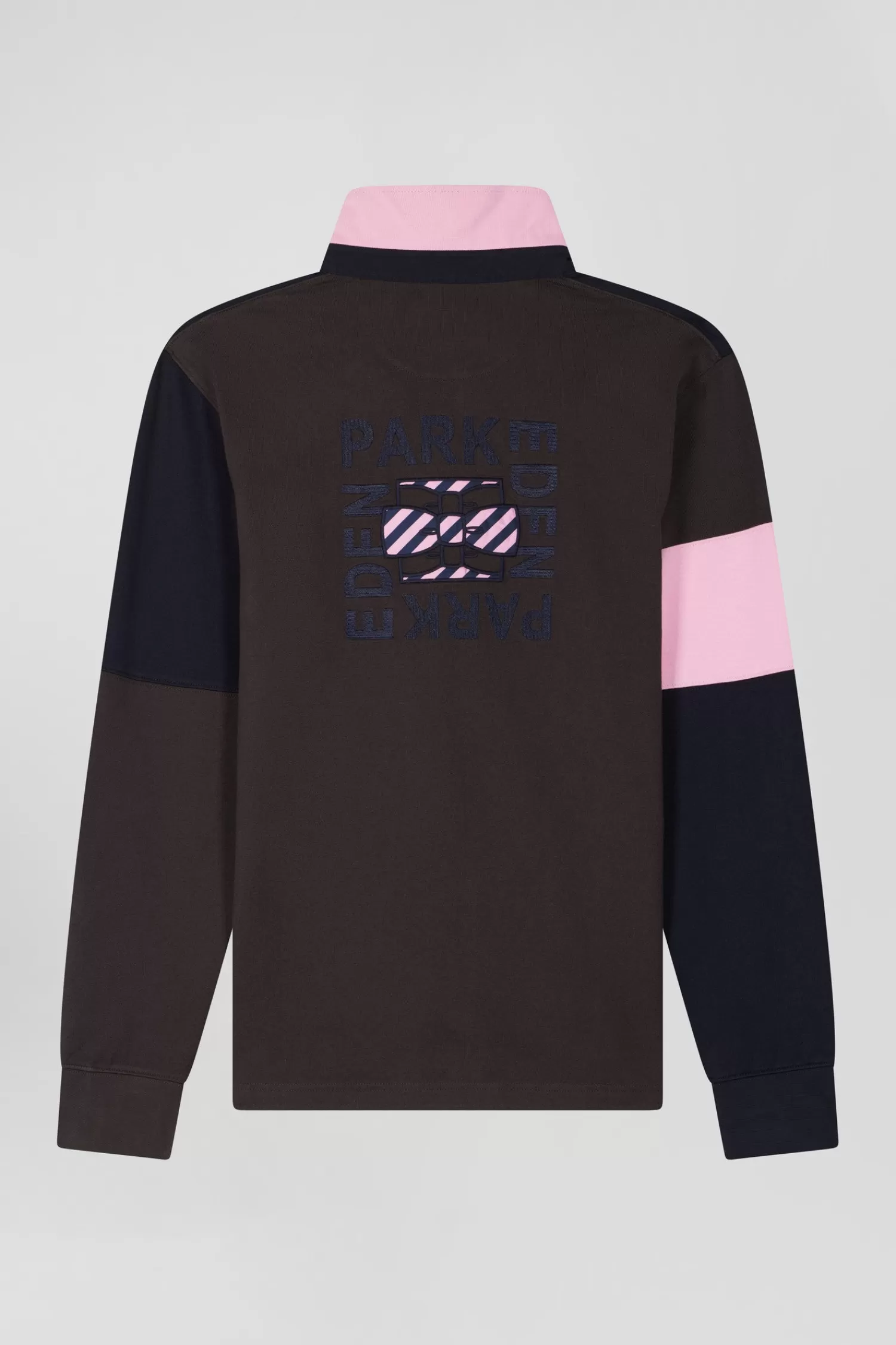 regular_brown_longsleeved_cotton_rugby_shirt_with_tie_fabric_patchwork_3.webp Eden Park Regular brown long-sleeved cotton rugby shirt with tie fabric patchwork< Rugby Shirts