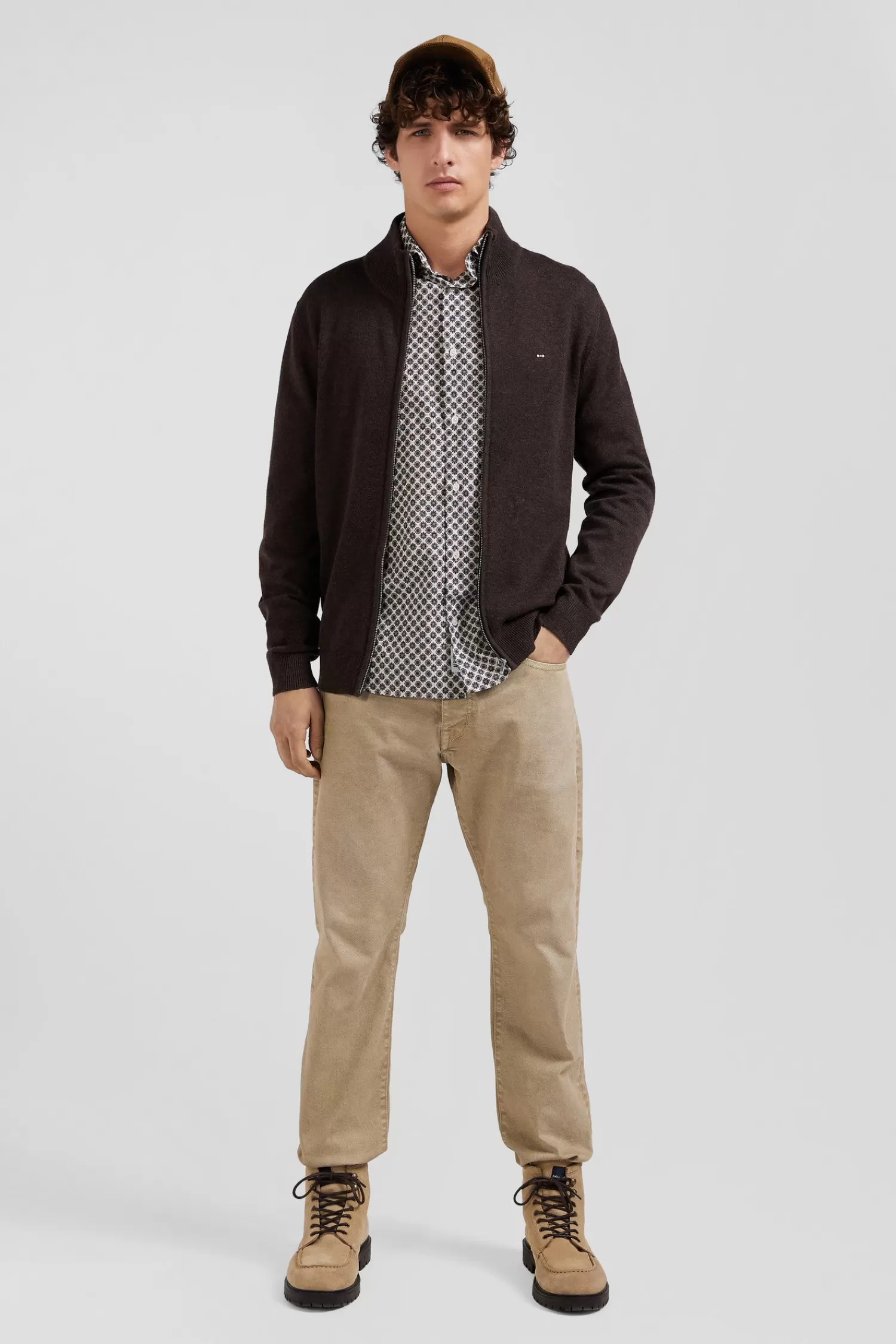 Eden Park Regular brown plain wool and cotton zipped cardigan< Cardigans
