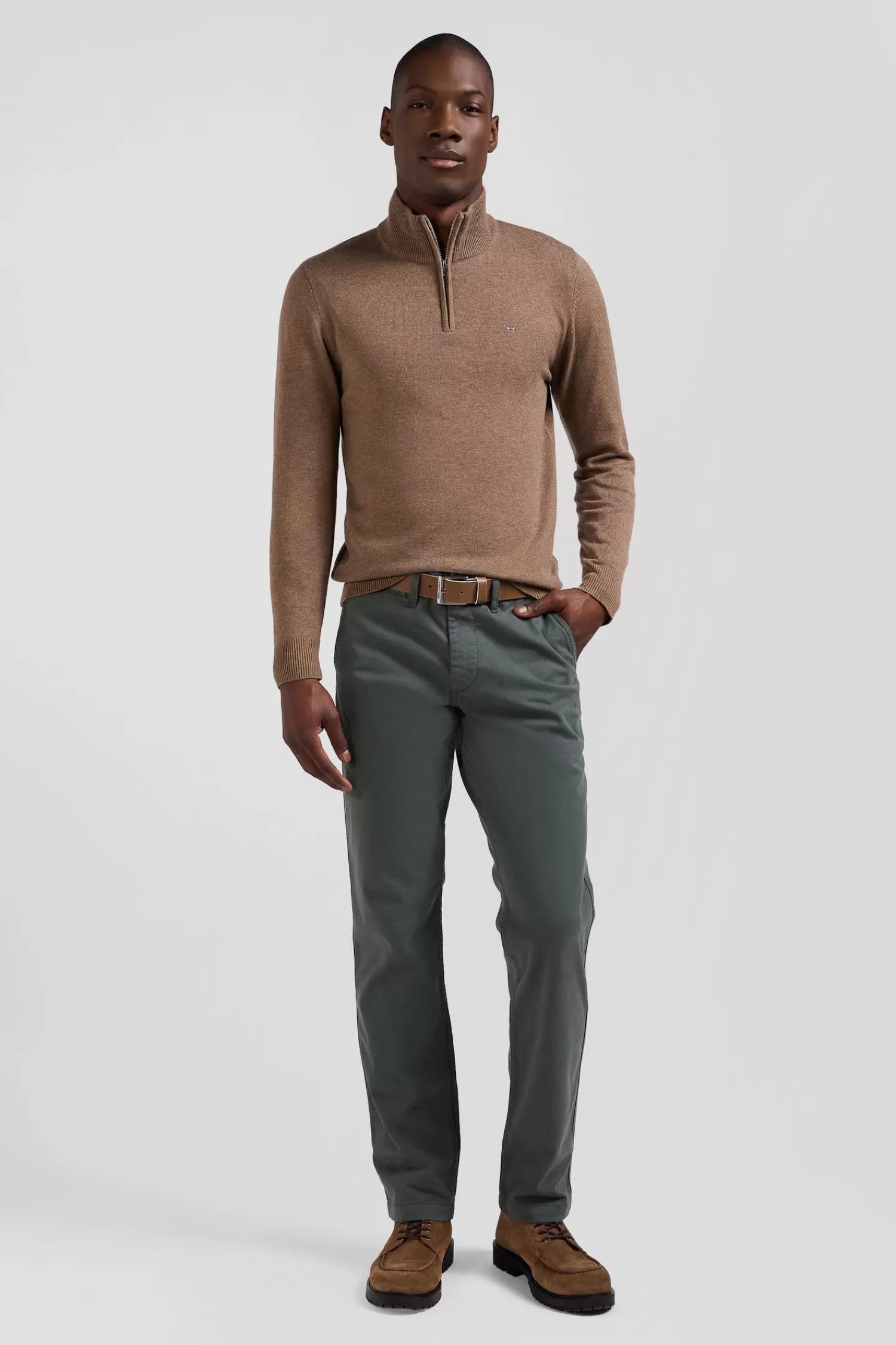 Eden Park Regular brown semi-zipped wool and cotton jumper< Sweaters