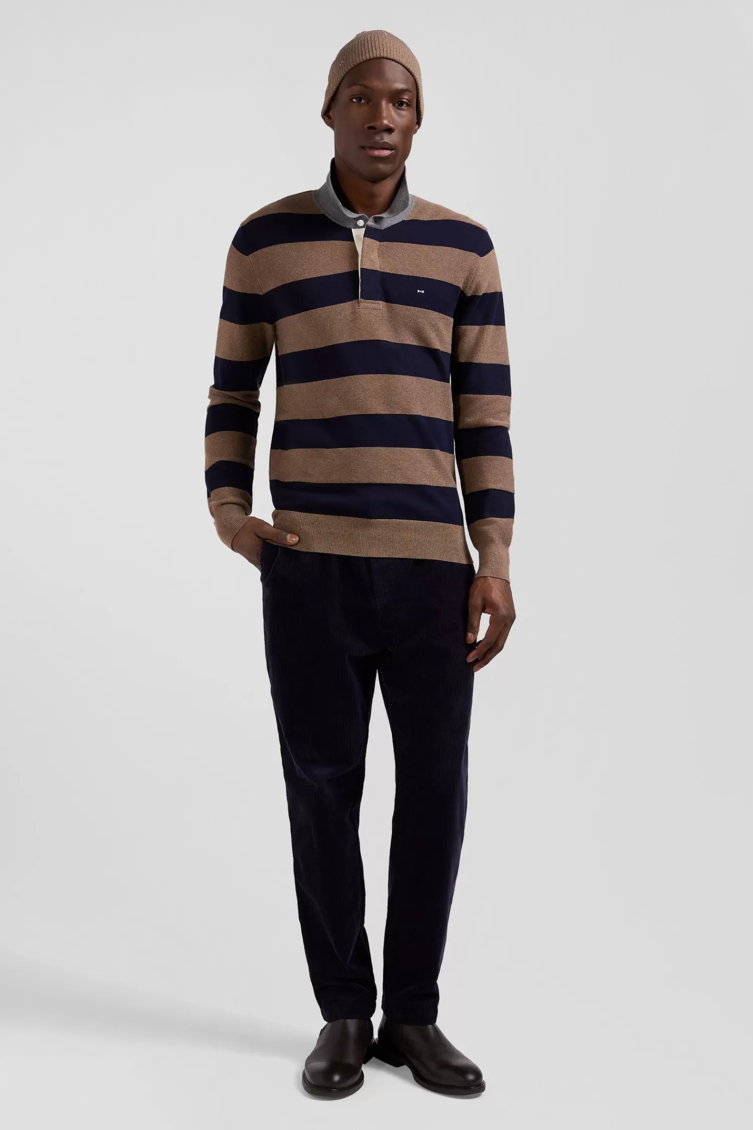 Eden Park Regular brown striped cotton and cashmere jumper with rugby shirt collar< Sweaters