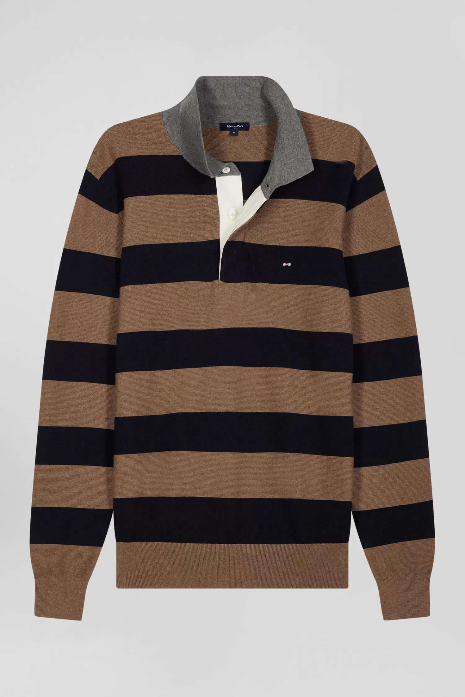 Eden Park Regular brown striped cotton and cashmere jumper with rugby shirt collar< Sweaters