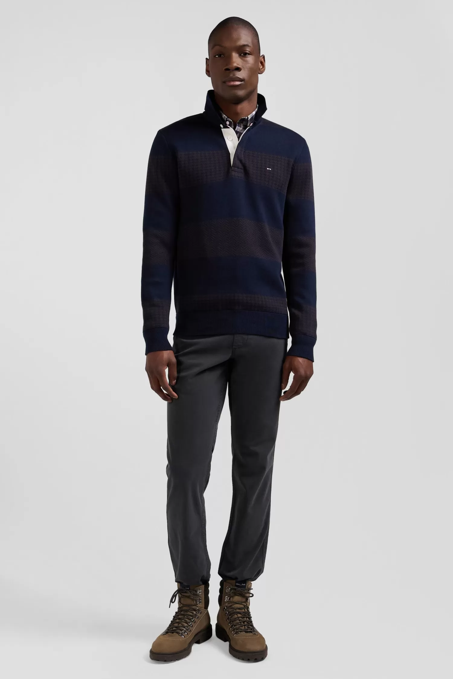 Eden Park Regular brown striped cotton jumper with houndstooth jacquard and rugby shirt collar< Sweaters