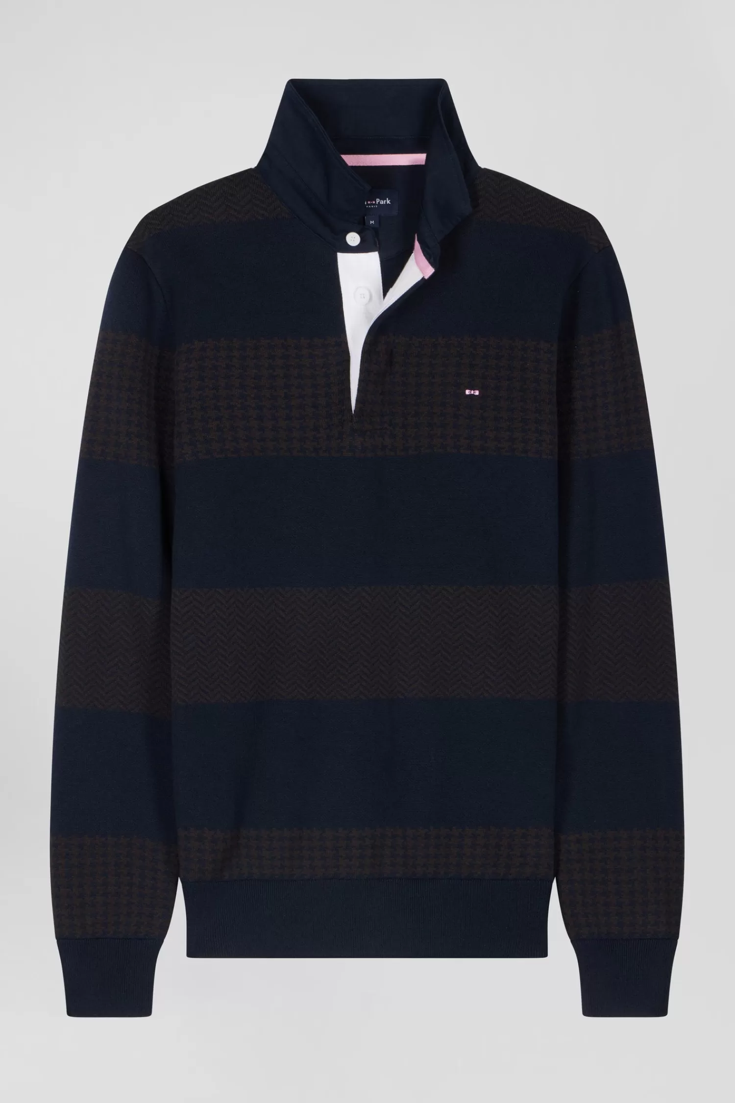 Eden Park Regular brown striped cotton jumper with houndstooth jacquard and rugby shirt collar< Sweaters