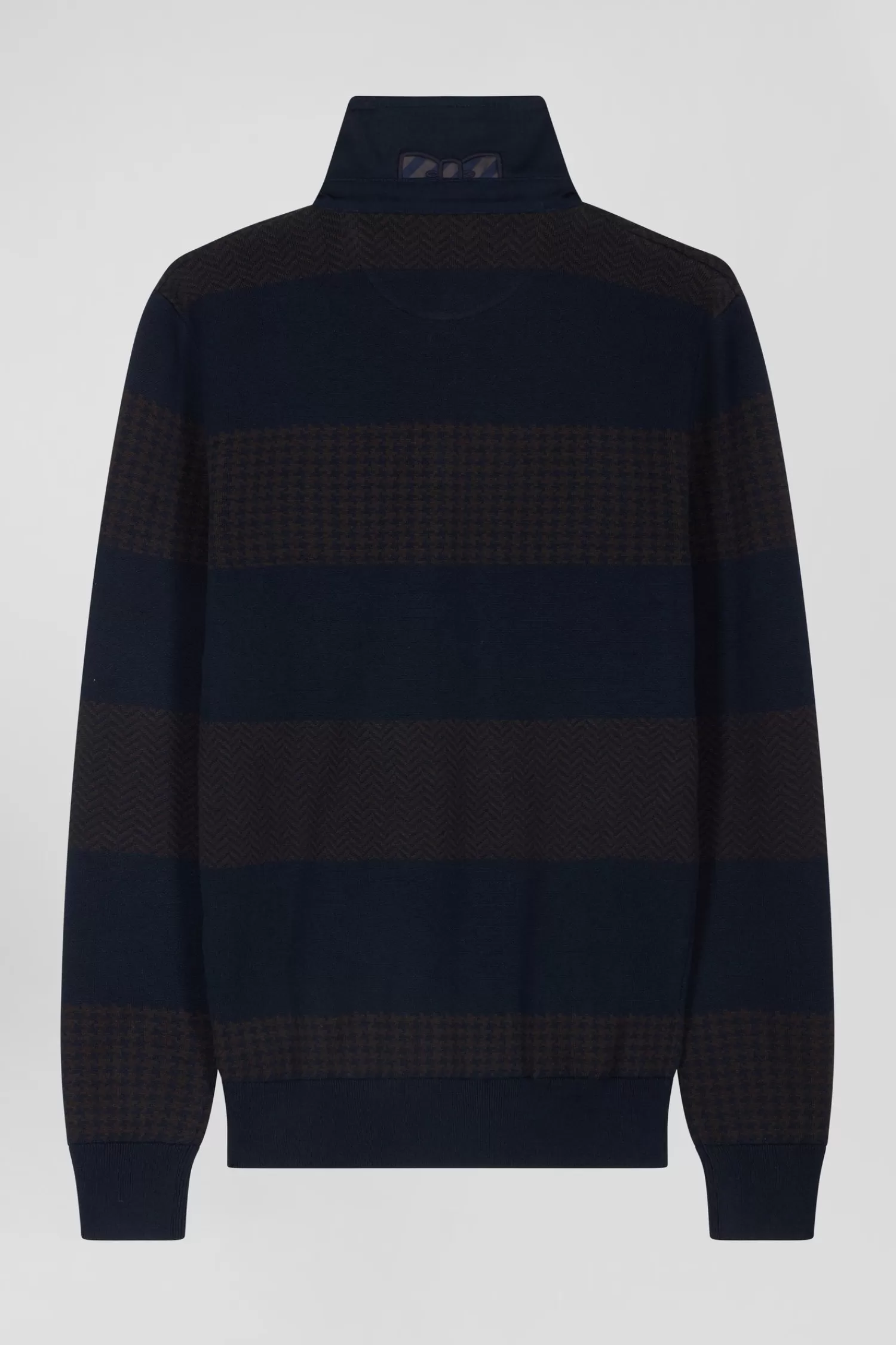 regular_brown_striped_cotton_jumper_with_houndstooth_jacquard_and_rugby_shirt_collar_3.webp Eden Park Regular brown striped cotton jumper with houndstooth jacquard and rugby shirt collar< Sweaters