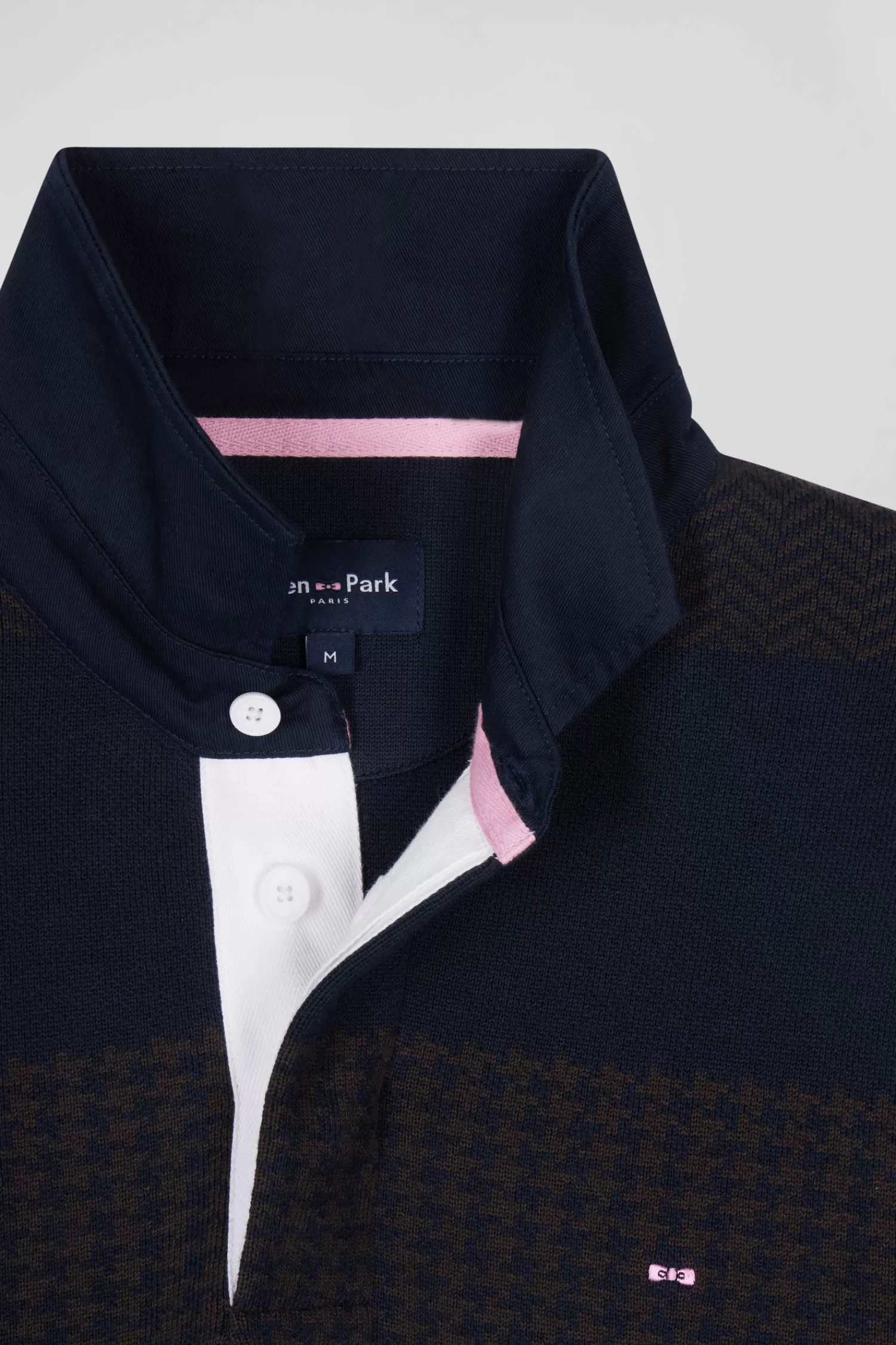 regular_brown_striped_cotton_jumper_with_houndstooth_jacquard_and_rugby_shirt_collar_6.webp Eden Park Regular brown striped cotton jumper with houndstooth jacquard and rugby shirt collar< Sweaters