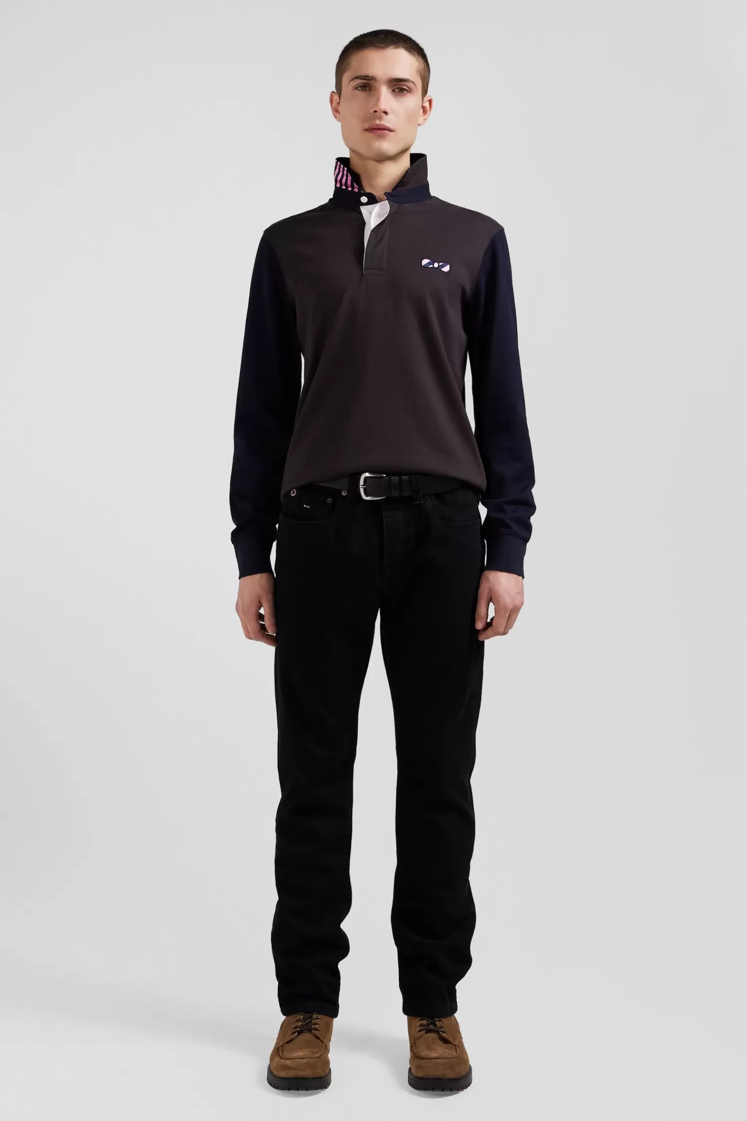 Eden Park Regular brown striped long-sleeved cotton rugby shirt with tie fabric patchwork< Rugby Shirts