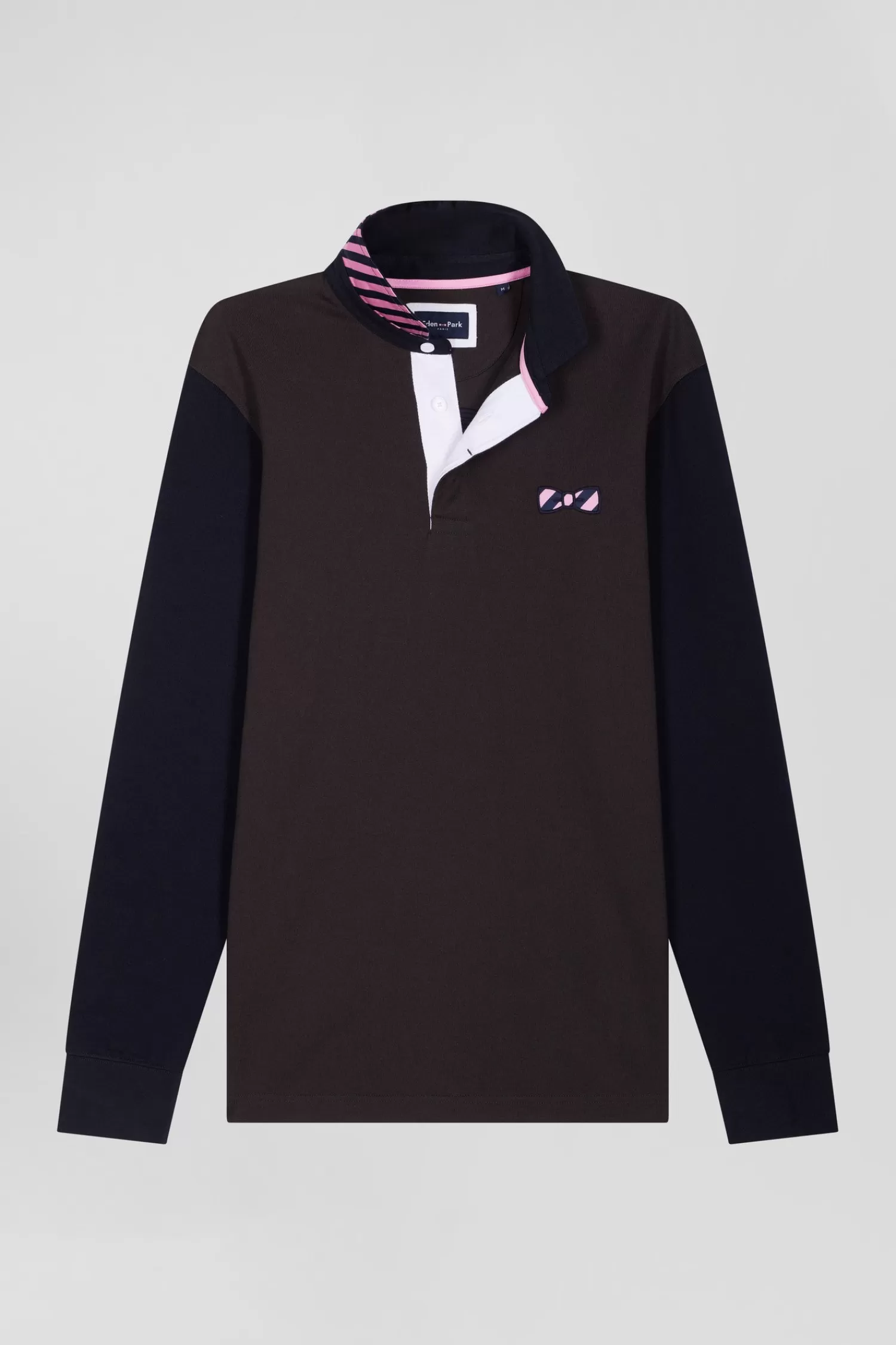 Eden Park Regular brown striped long-sleeved cotton rugby shirt with tie fabric patchwork< Rugby Shirts