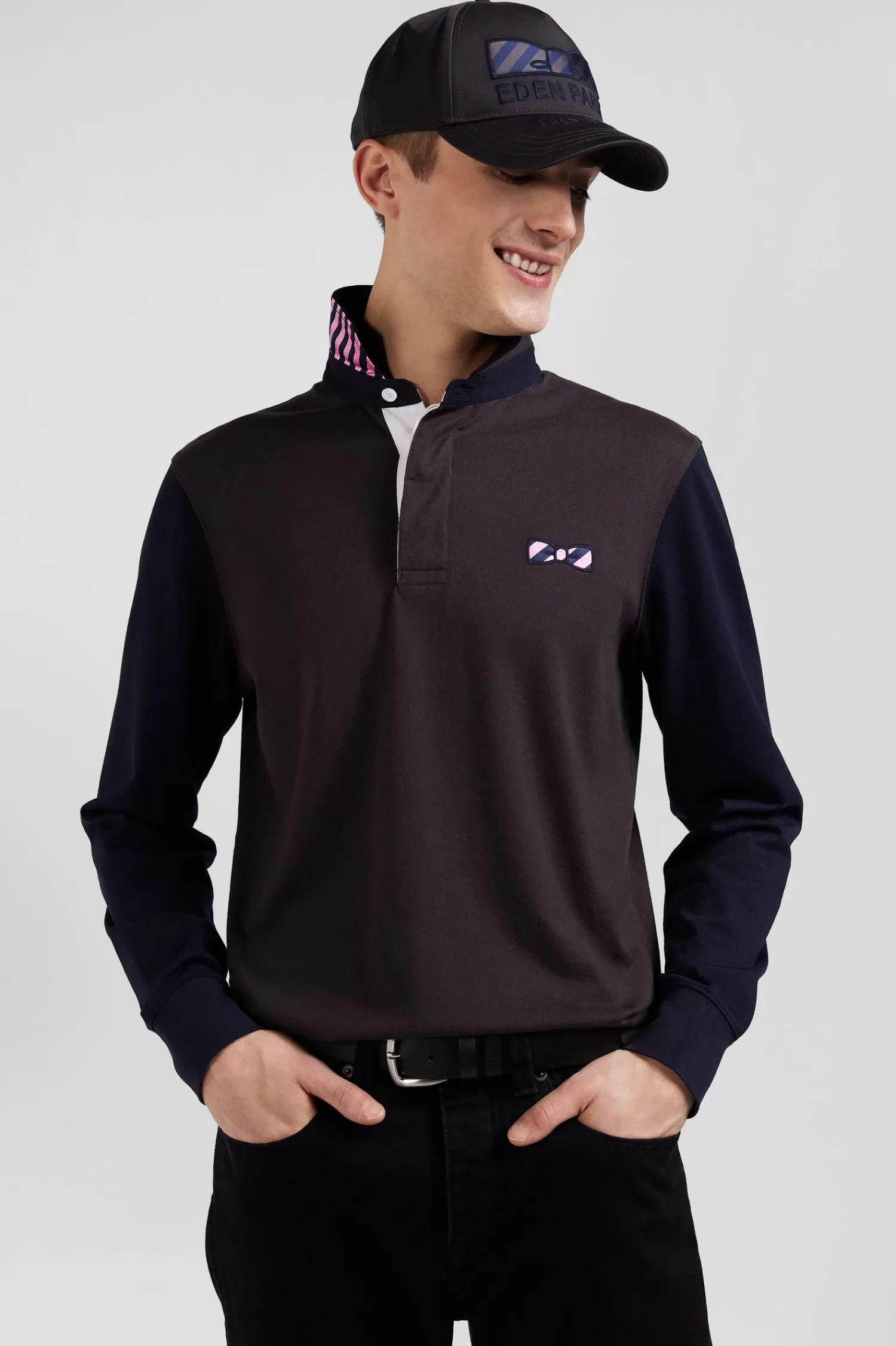 regular_brown_striped_longsleeved_cotton_rugby_shirt_with_tie_fabric_patchwork_2.webp Eden Park Regular brown striped long-sleeved cotton rugby shirt with tie fabric patchwork< Rugby Shirts