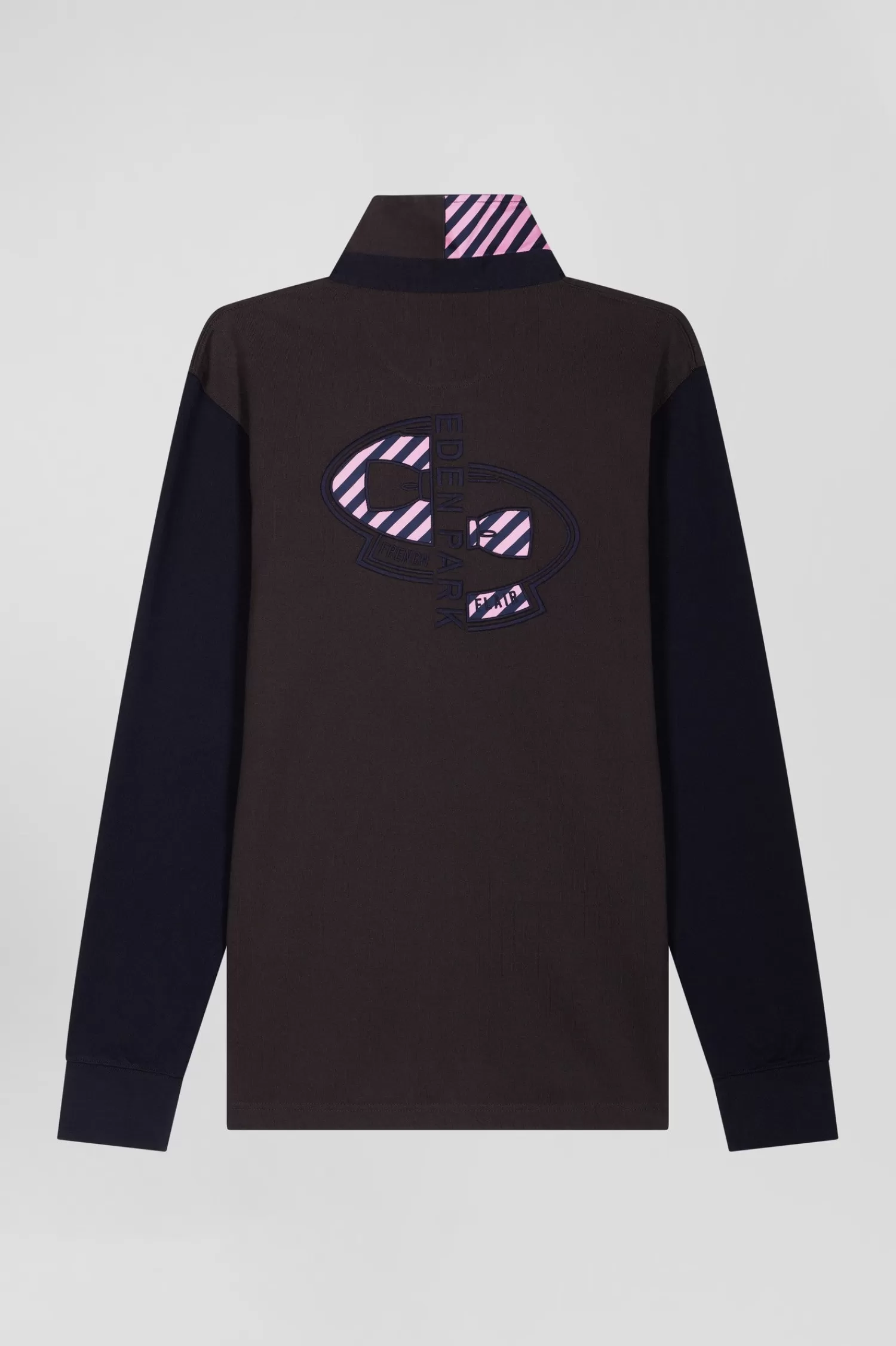 regular_brown_striped_longsleeved_cotton_rugby_shirt_with_tie_fabric_patchwork_3.webp Eden Park Regular brown striped long-sleeved cotton rugby shirt with tie fabric patchwork< Rugby Shirts