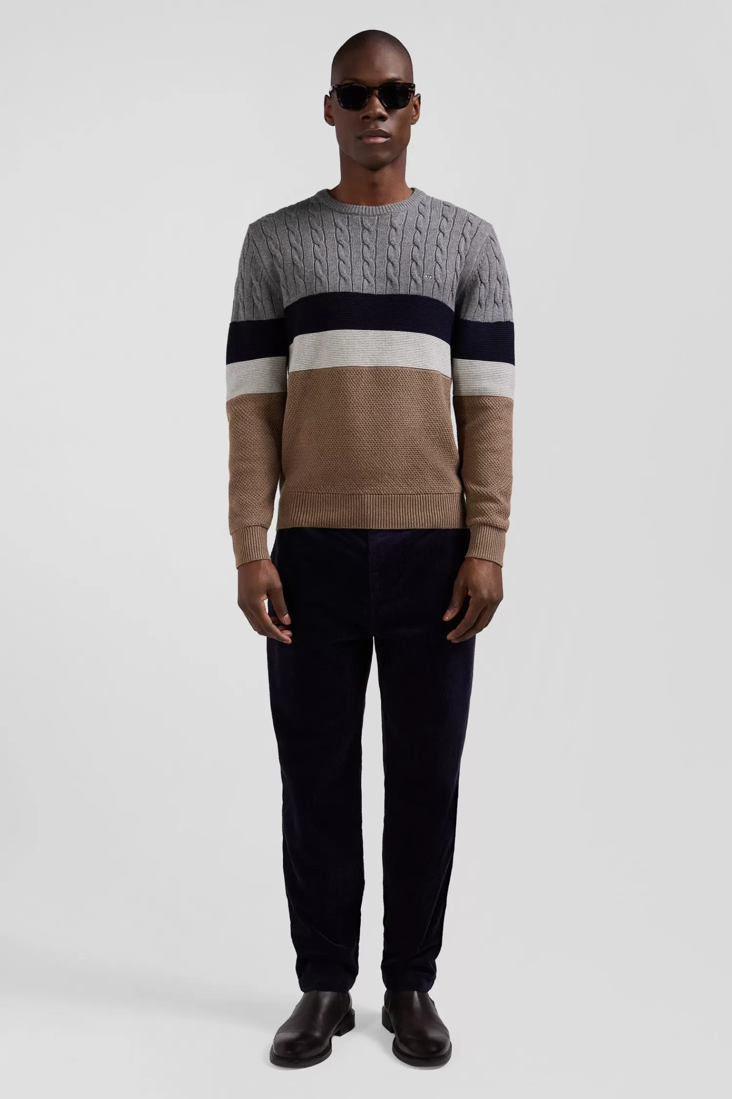 Eden Park Regular brown wool and cotton crew neck jumper with knit patterns< Sweaters