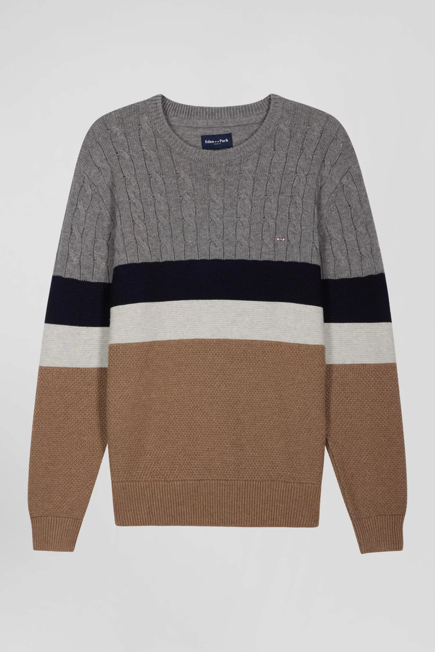 Eden Park Regular brown wool and cotton crew neck jumper with knit patterns< Sweaters
