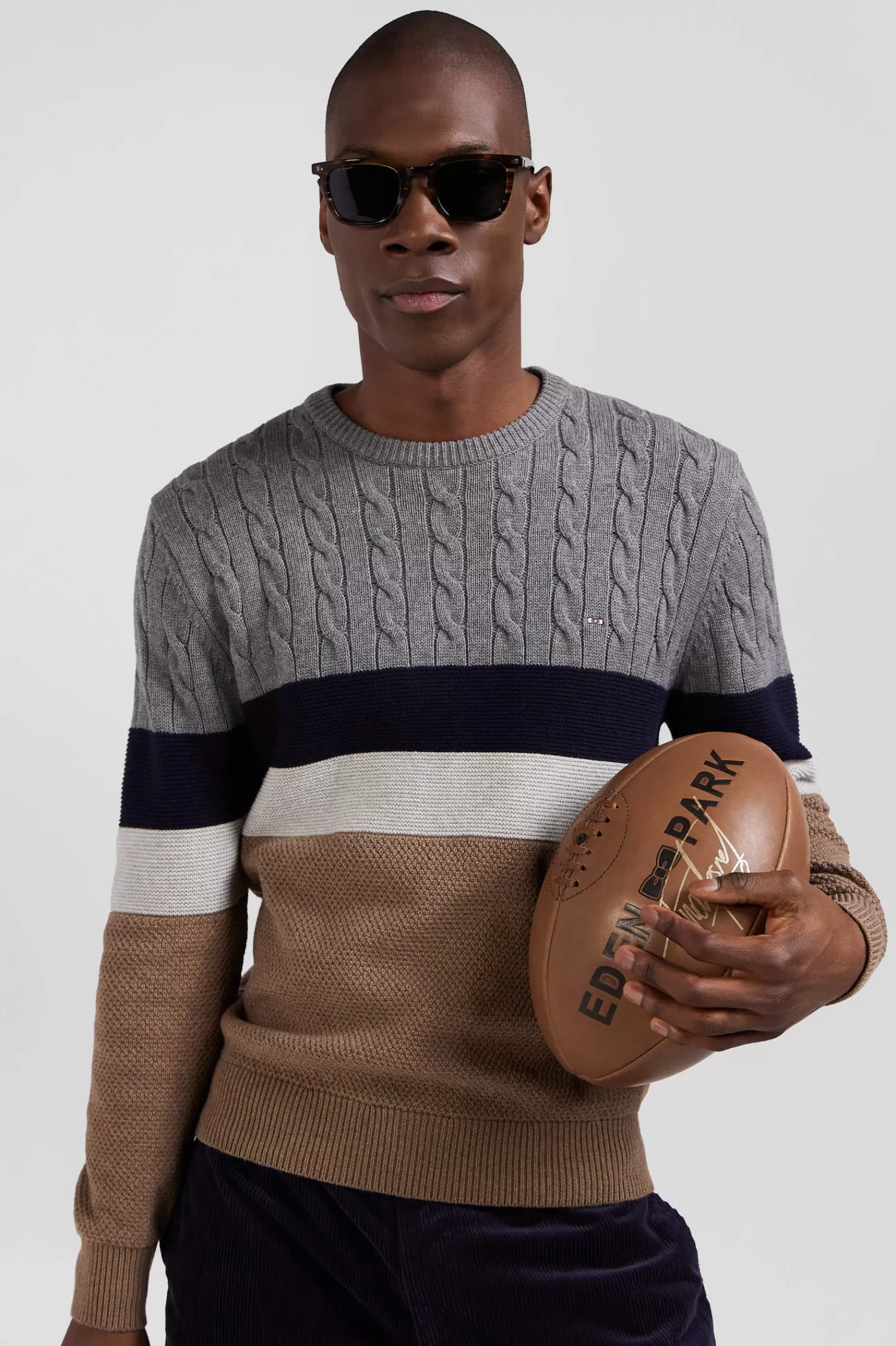 Eden Park Regular brown wool and cotton crew neck jumper with knit patterns< Sweaters