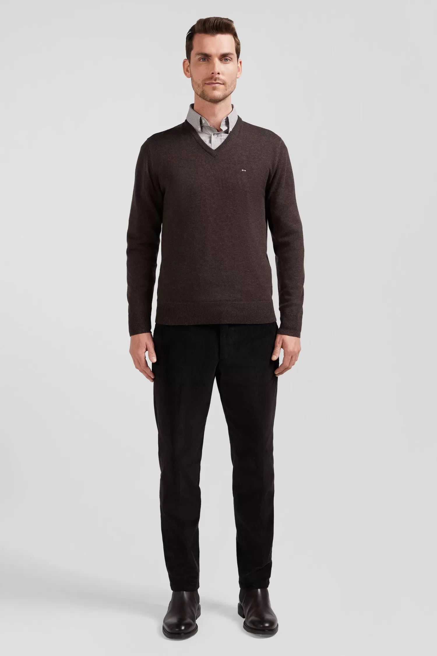 Eden Park Regular brown wool and cotton V-neck jumper with striped details< Sweaters
