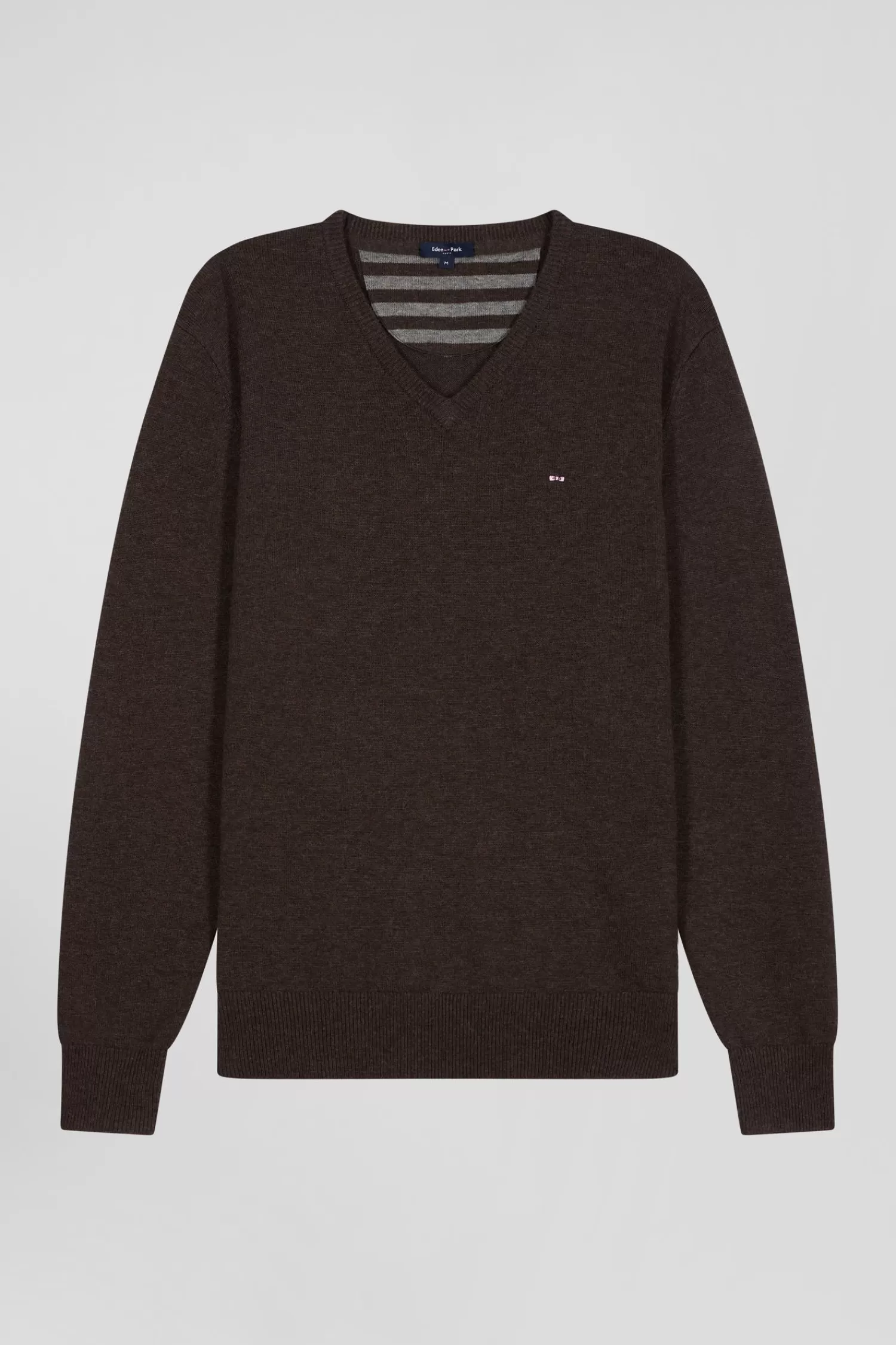 Eden Park Regular brown wool and cotton V-neck jumper with striped details< Sweaters