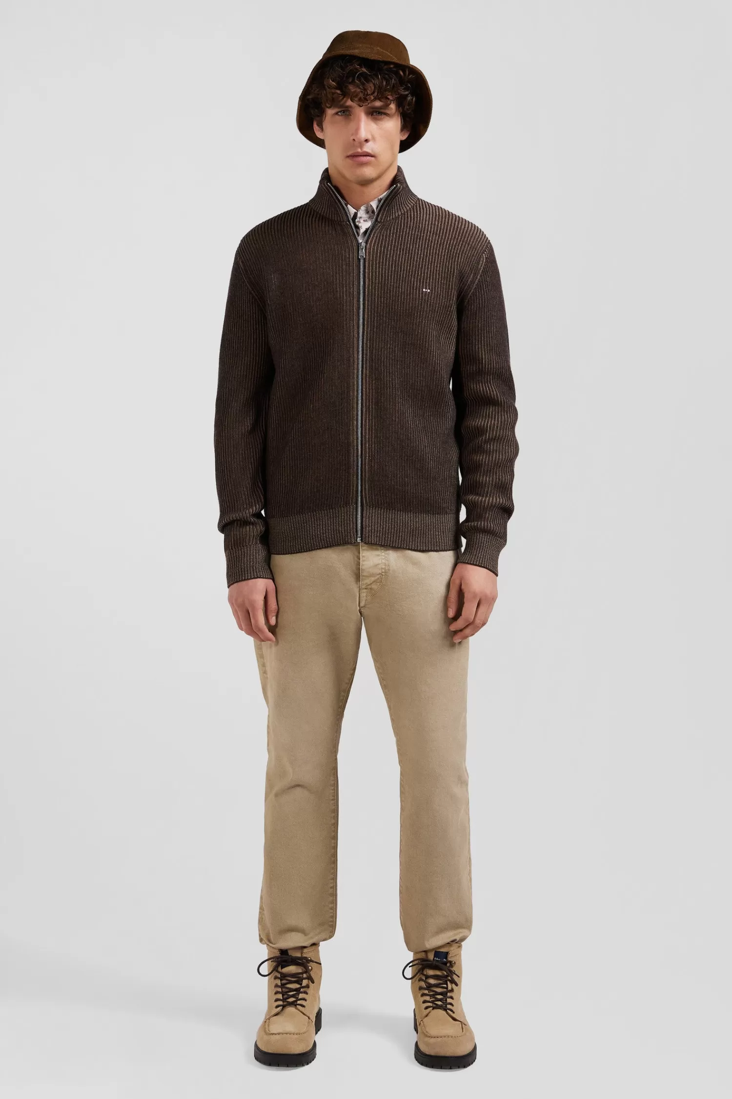 Eden Park Regular brown wool and cotton zipped cardigan< Cardigans