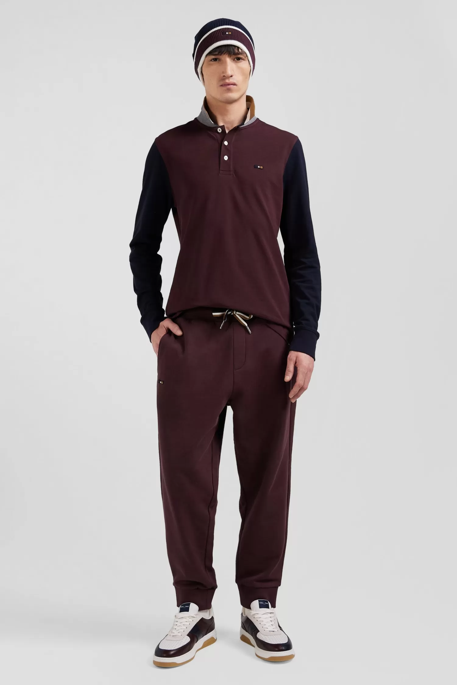 Eden Park Regular burgundy bicolor long-sleeved cotton piqué polo shirt with jacquard collar< Polos
