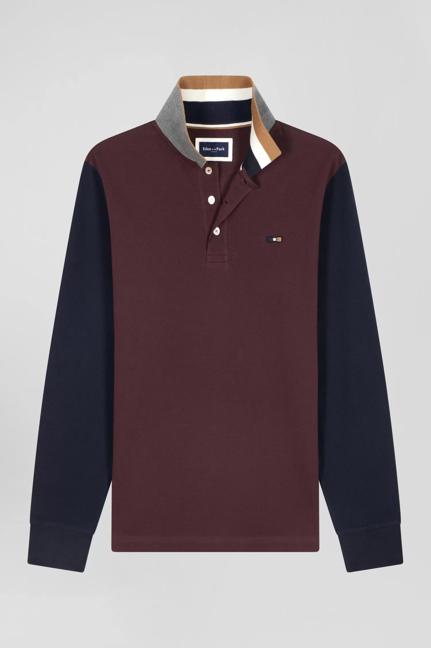 Eden Park Regular burgundy bicolor long-sleeved cotton piqué polo shirt with jacquard collar< Polos