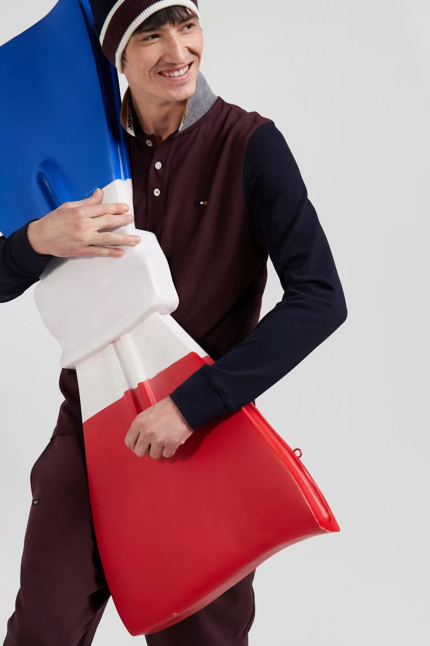 Eden Park Regular burgundy bicolor long-sleeved cotton piqué polo shirt with jacquard collar< Polos