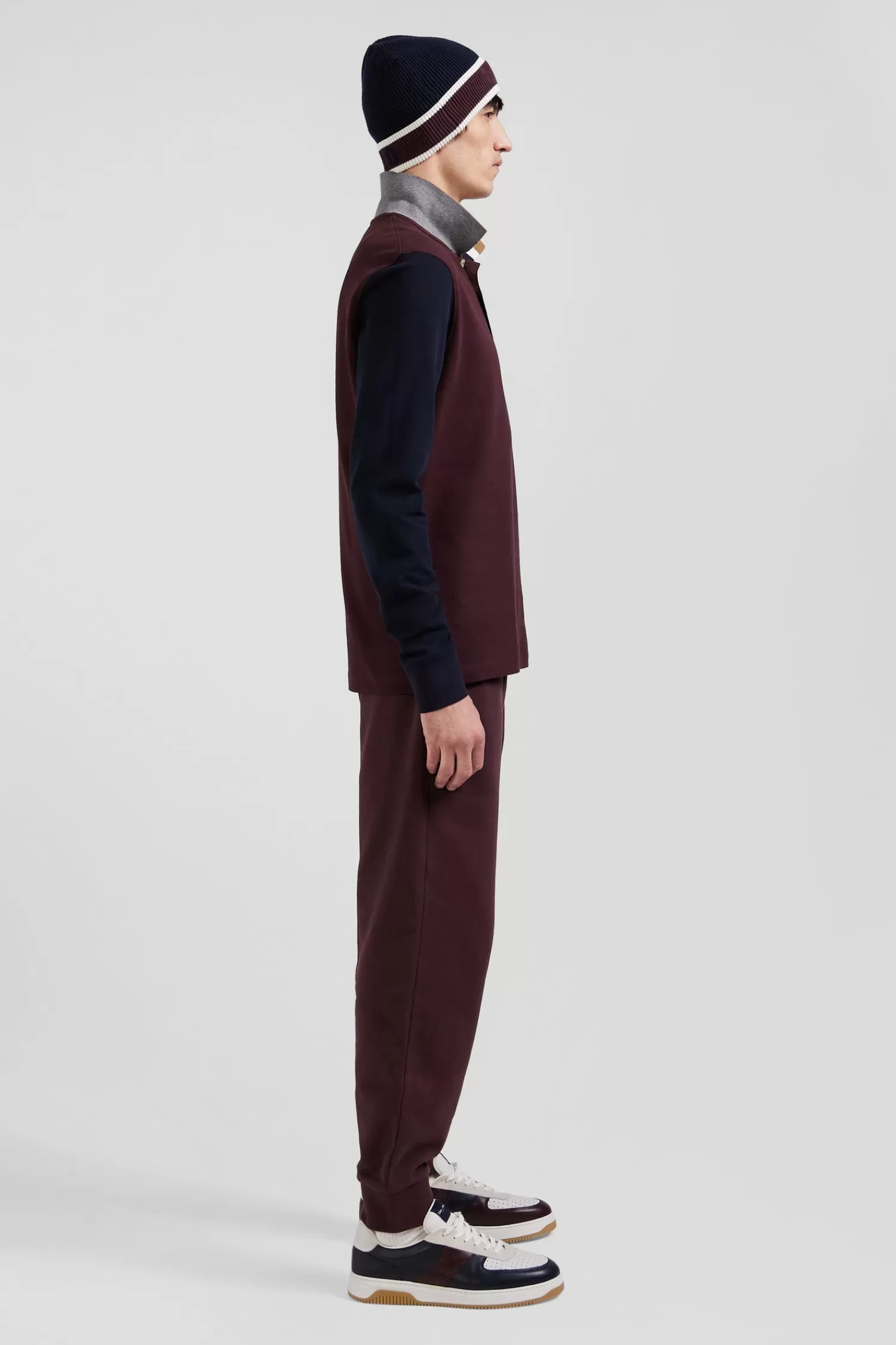 Eden Park Regular burgundy bicolor long-sleeved cotton piqué polo shirt with jacquard collar< Polos